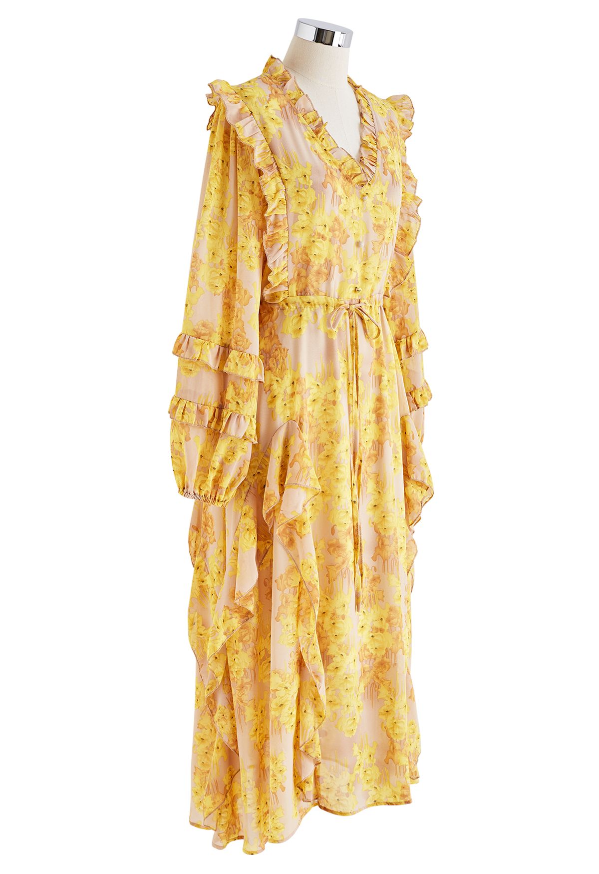 Elegantes Chiffon-Kleid mit floralem Rüschenbesatz und Bindebund in Gelb