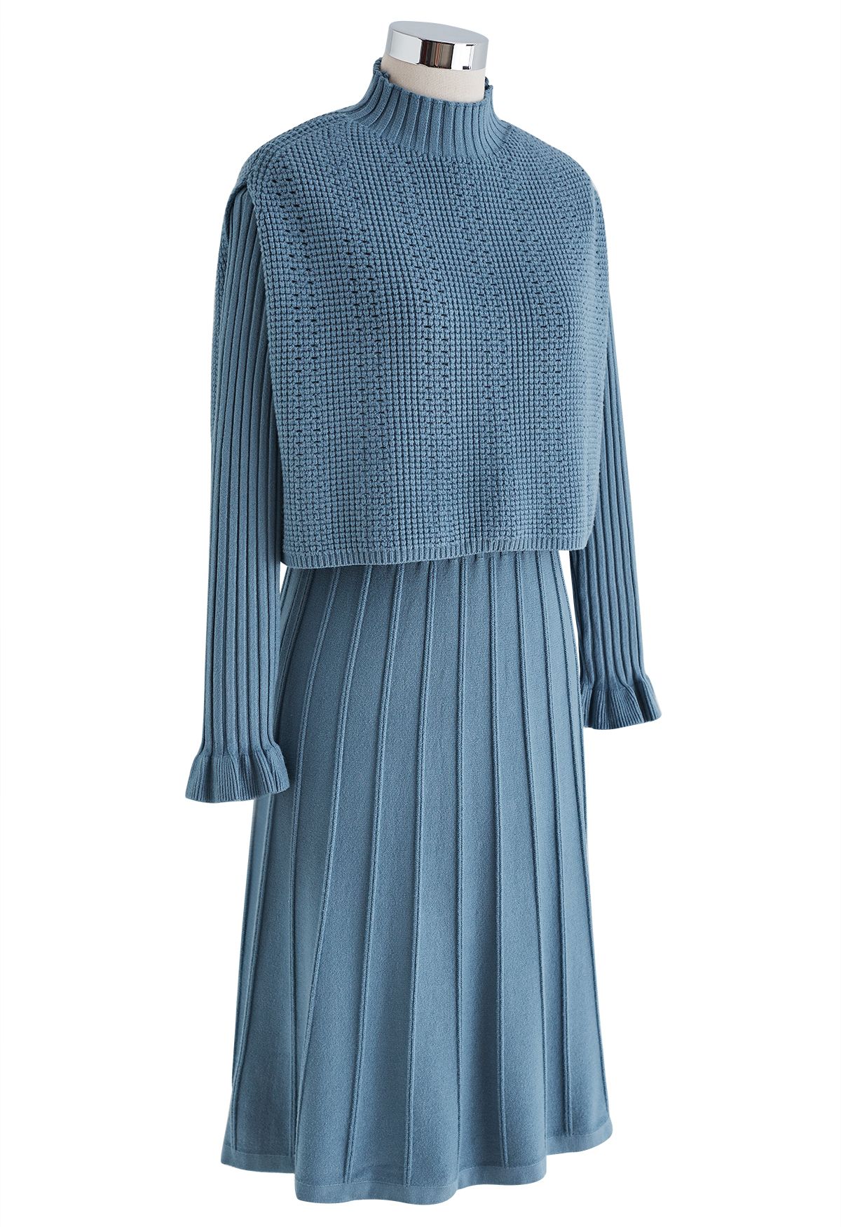 Plissee-Strick-Twinset-Kleid mit Stehkragen in Blaugrün