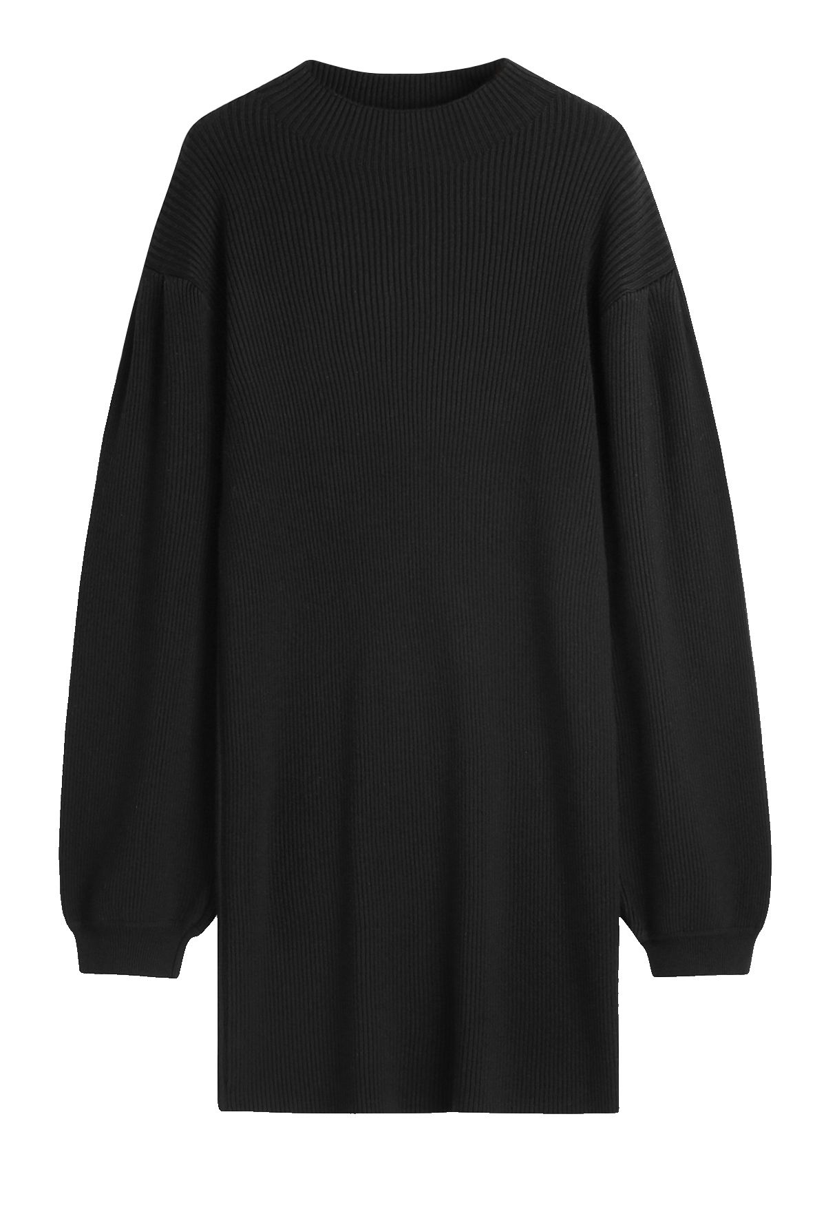 Geripptes Pulloverkleid mit Rundhalsausschnitt und Laternenärmeln in Schwarz