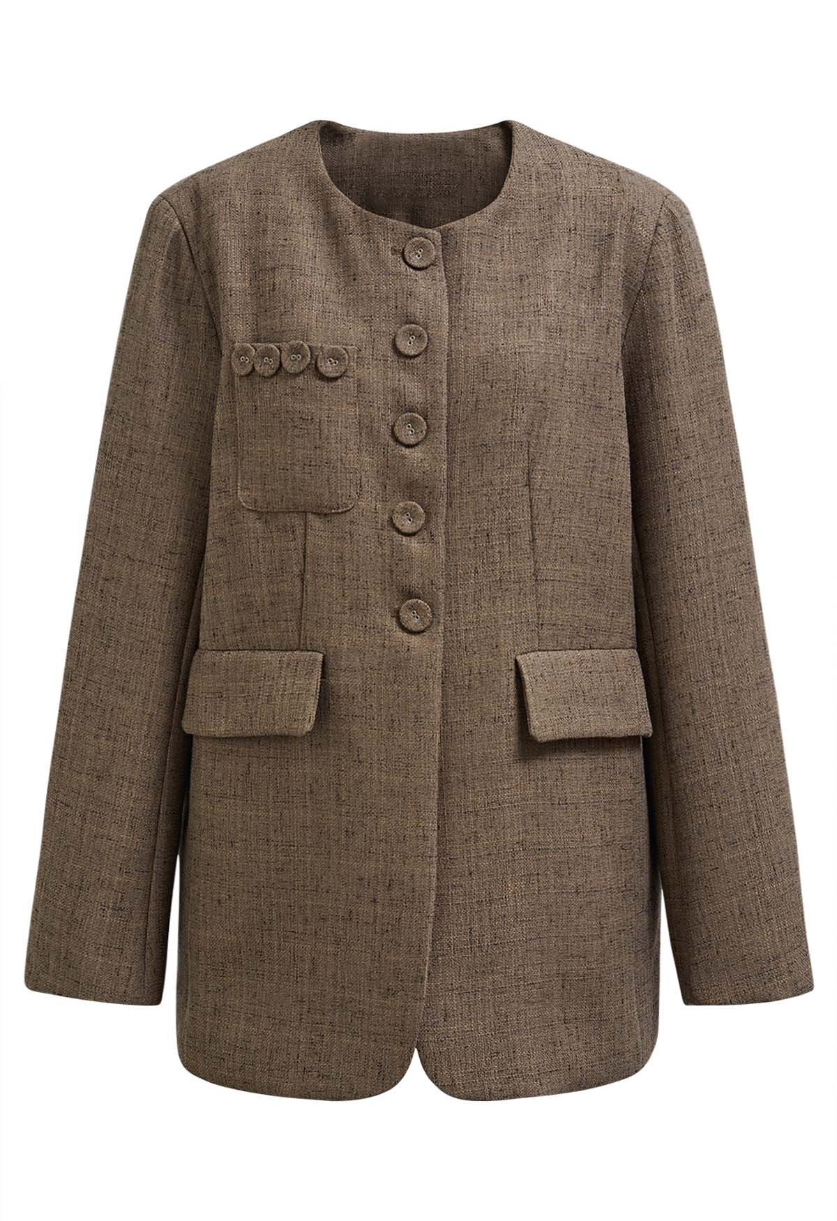 Brauner Tweed-Blazer mit Rundhalsausschnitt und Knöpfen