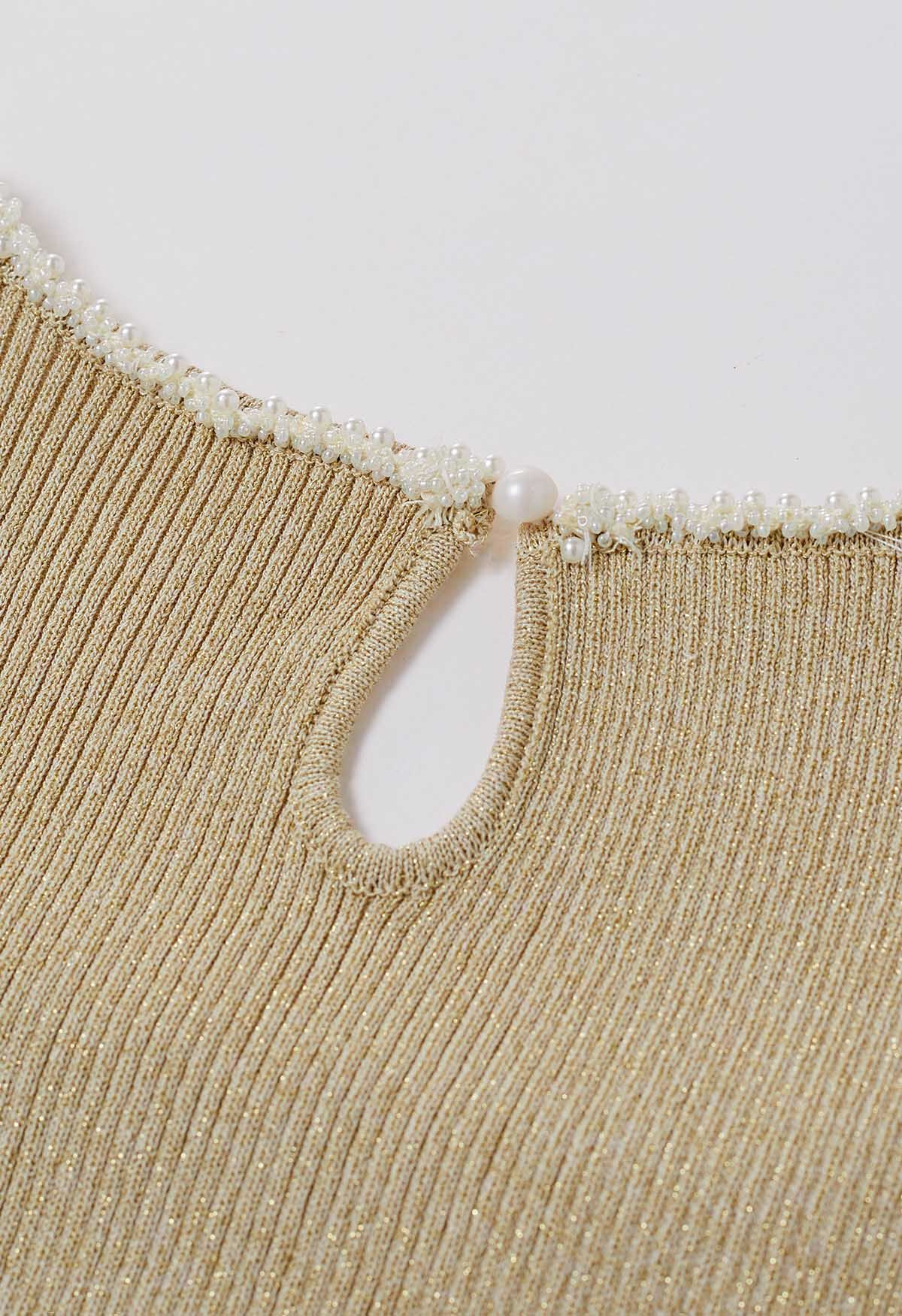 Perlenbesetztes Strickoberteil mit gespleißten Puffärmeln und quadratischem Ausschnitt in Sand