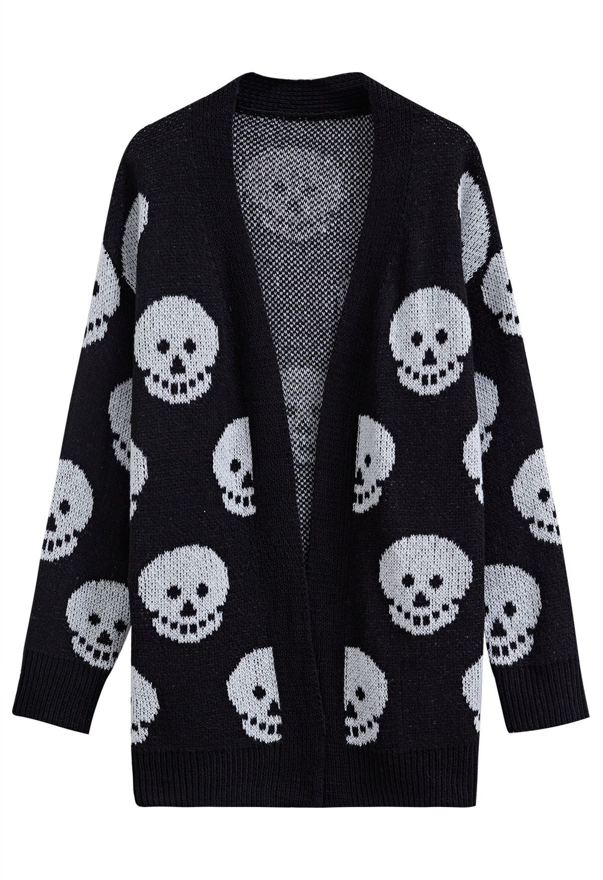 Langer Jacquard-Strick-Cardigan mit Halloween-Totenkopfmuster