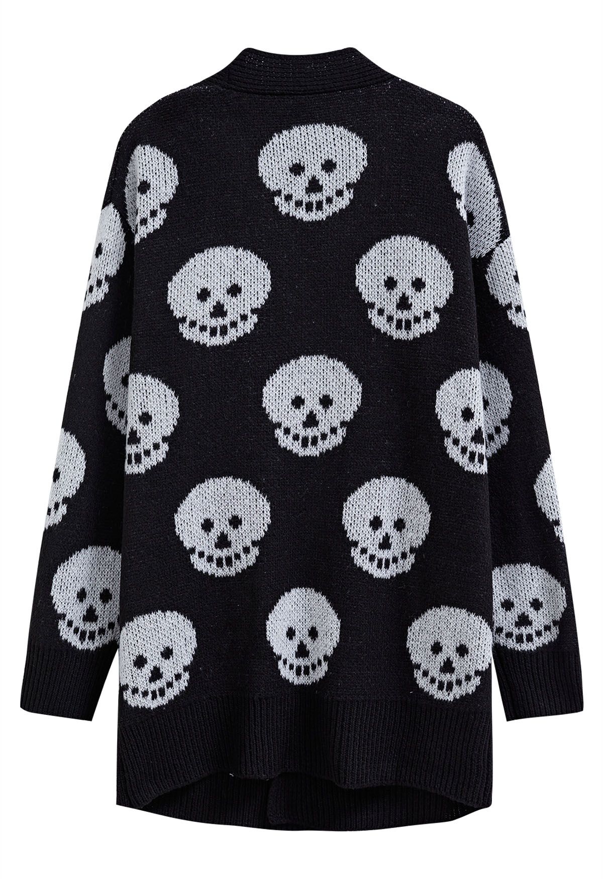 Langer Jacquard-Strick-Cardigan mit Halloween-Totenkopfmuster