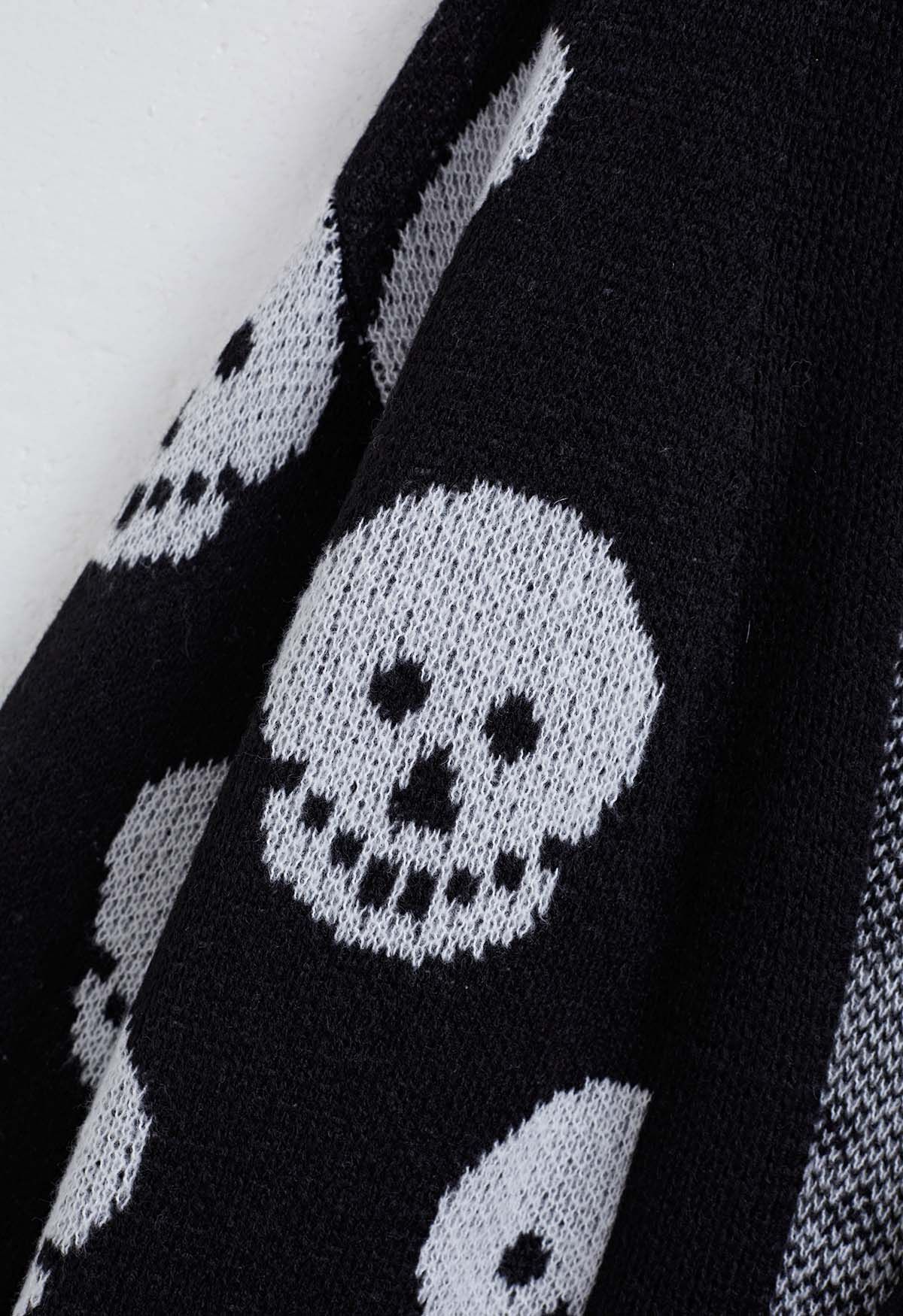 Langer Jacquard-Strick-Cardigan mit Halloween-Totenkopfmuster