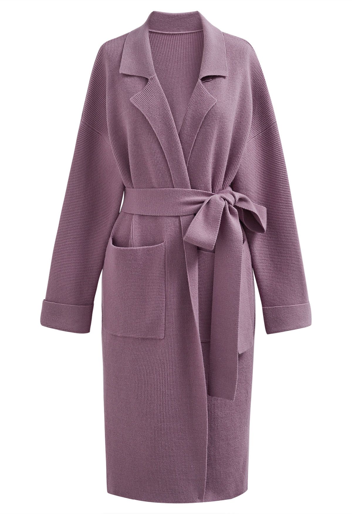 Lang geschnittener Strick-Cardigan mit Reverskragen und Gürtel in Mauve