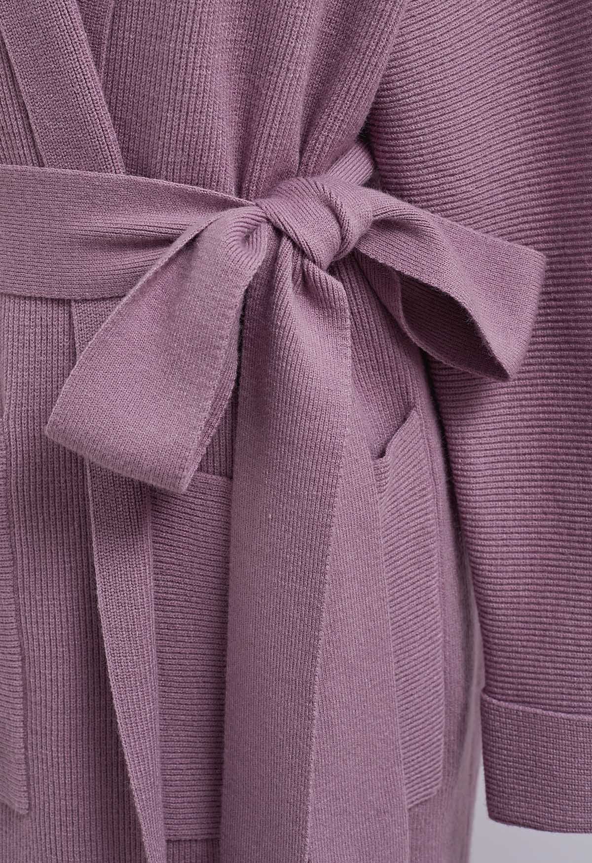 Lang geschnittener Strick-Cardigan mit Reverskragen und Gürtel in Mauve