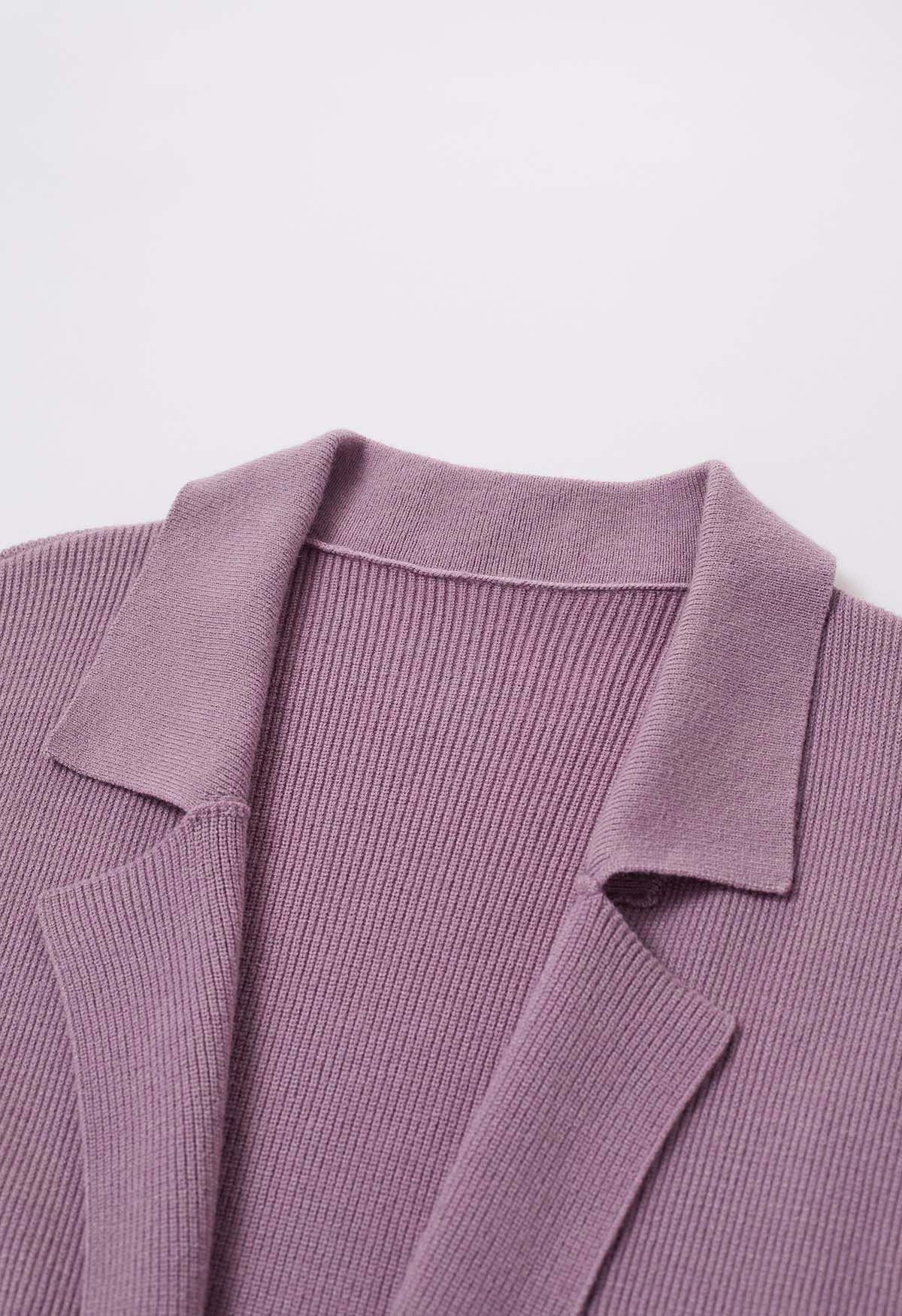 Lang geschnittener Strick-Cardigan mit Reverskragen und Gürtel in Mauve