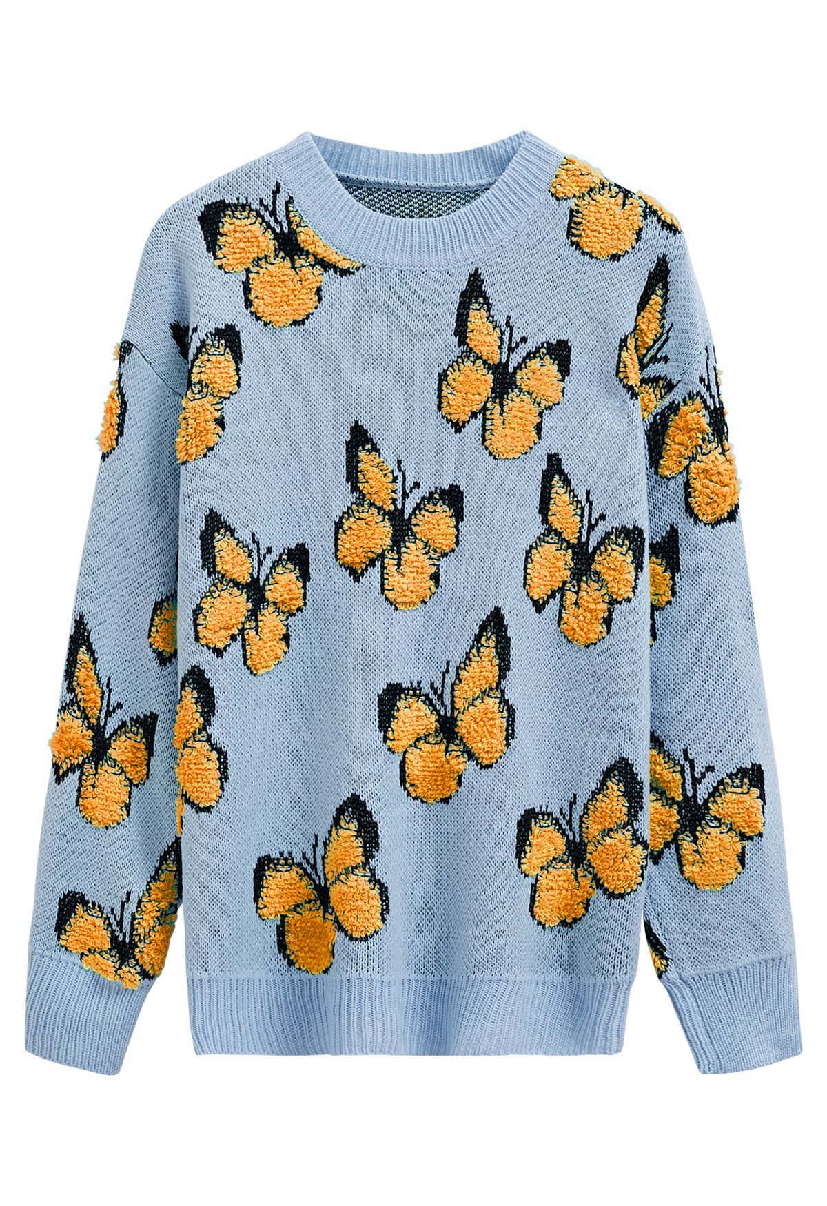 Gerippter Strickpullover „Balletic Butterfly“ in Blau