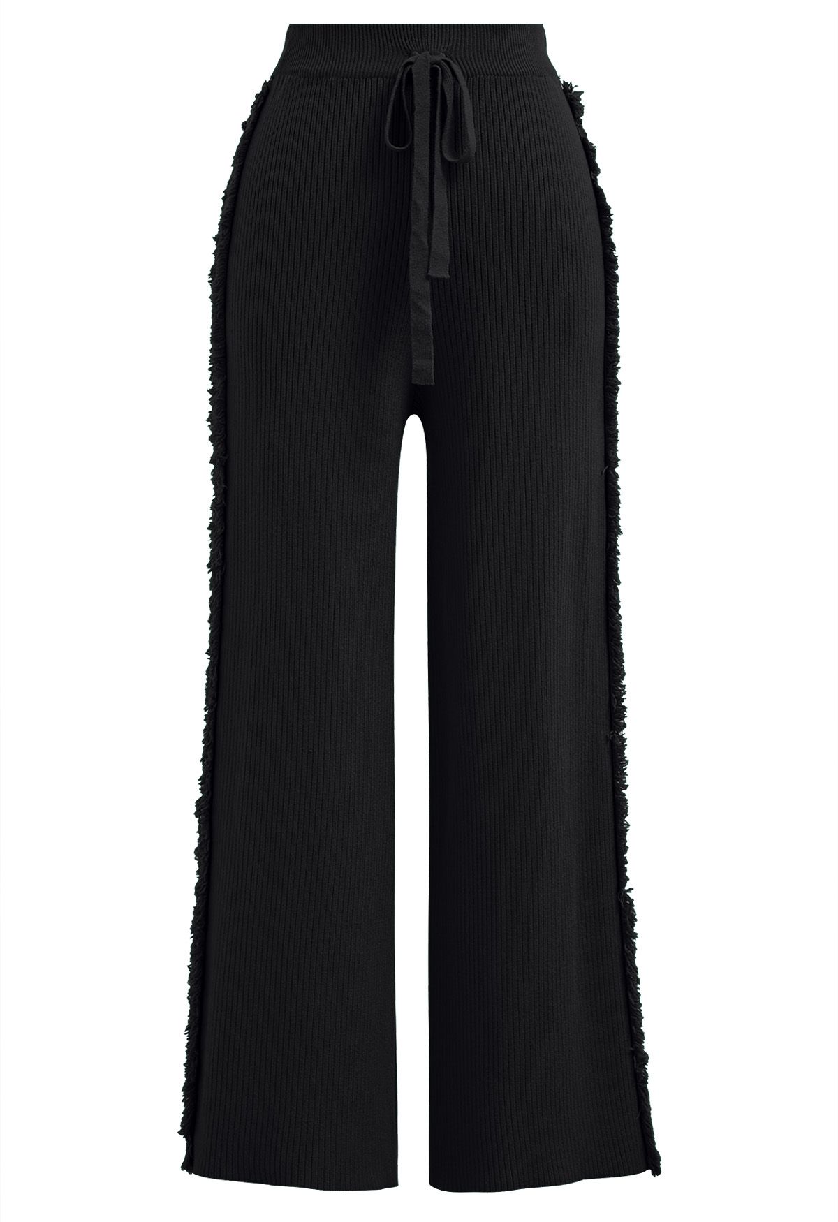 Gerade geschnittene Strickhose mit seitlichem Quastenbesatz in Schwarz