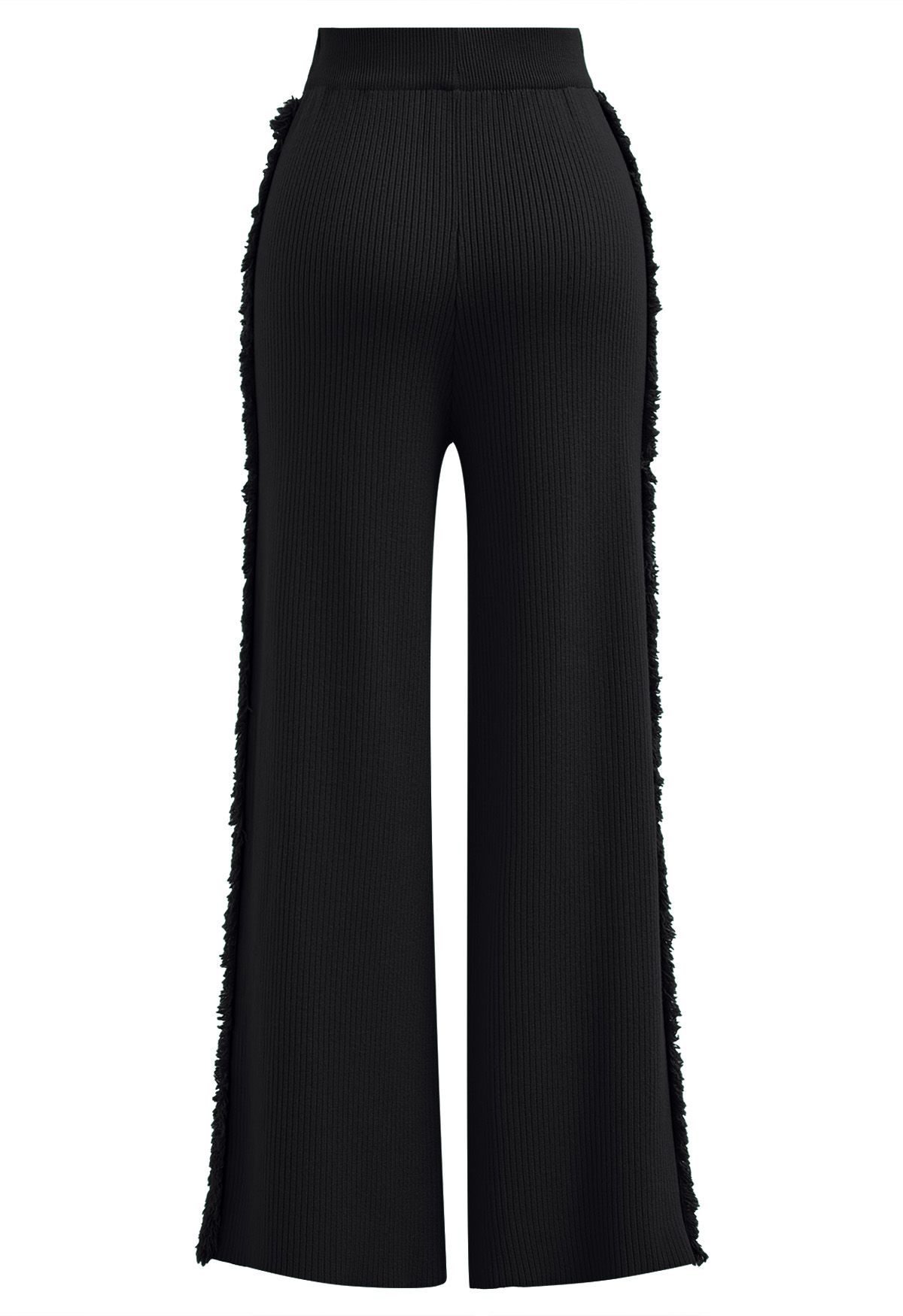 Gerade geschnittene Strickhose mit seitlichem Quastenbesatz in Schwarz