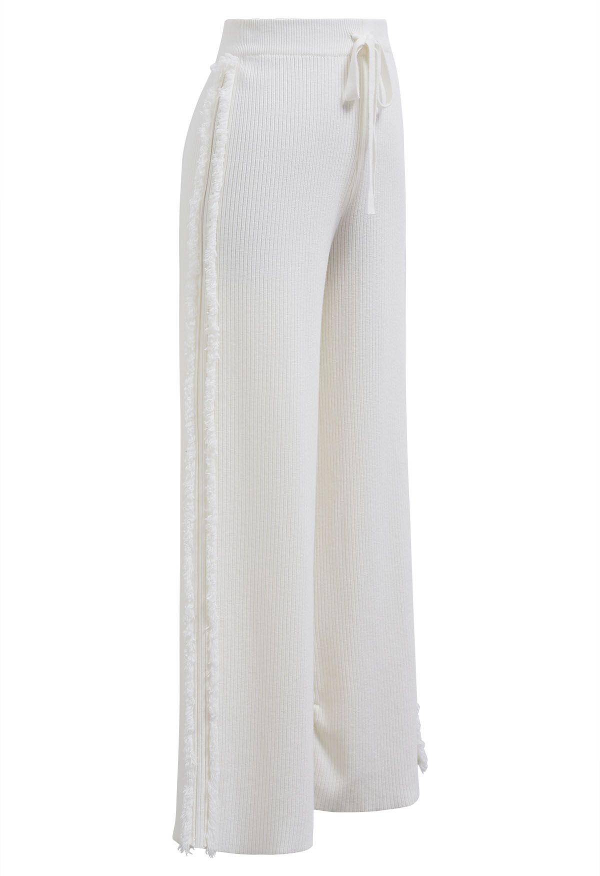 Strickhose mit geradem Bein und seitlichem Quastenbesatz in Weiß