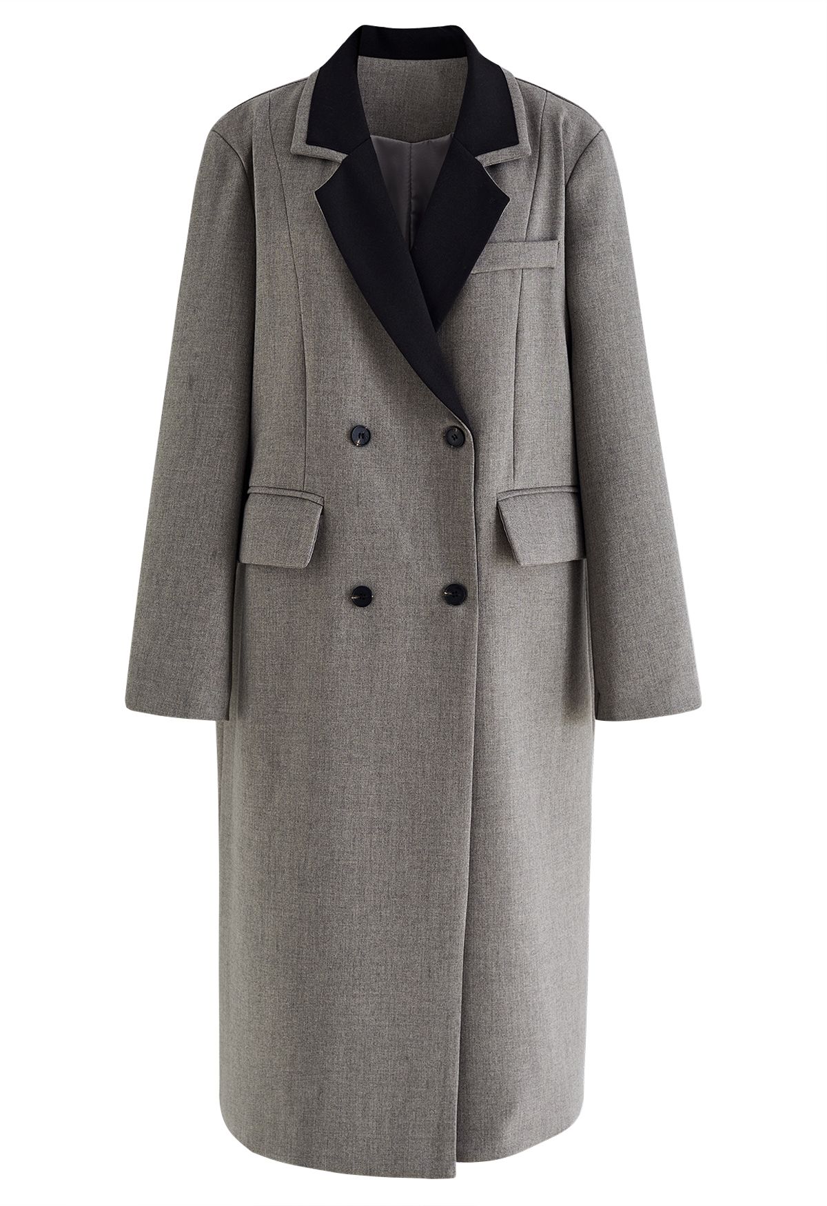 Langer Mantel mit kontrastierendem, gekerbtem Revers in Grau