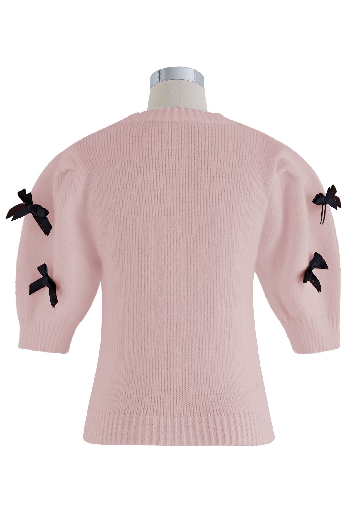 Bowknot verzierter Kurzarm-Strickpullover in Pink