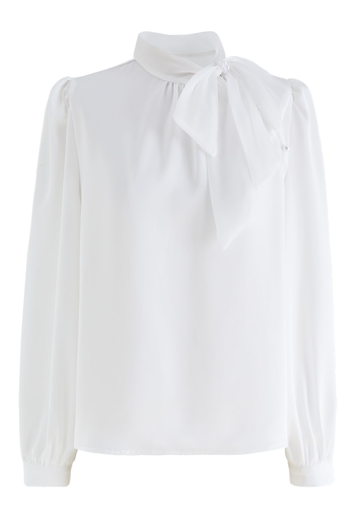 Organza Bowknot Pearl Satin Shirt in Weiß