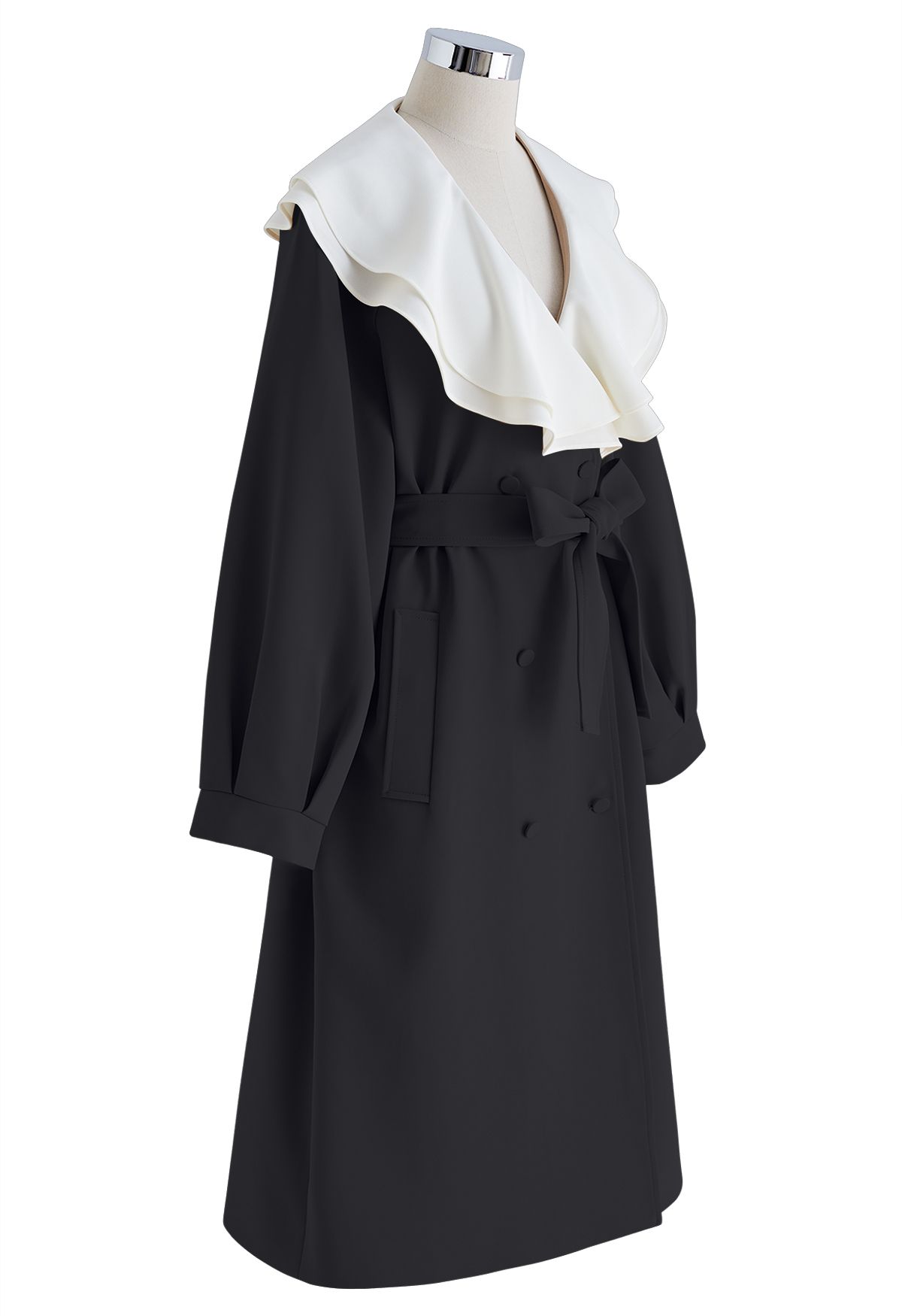Zweireihiges Trench-Kleid mit Rüschenausschnitt in Schwarz