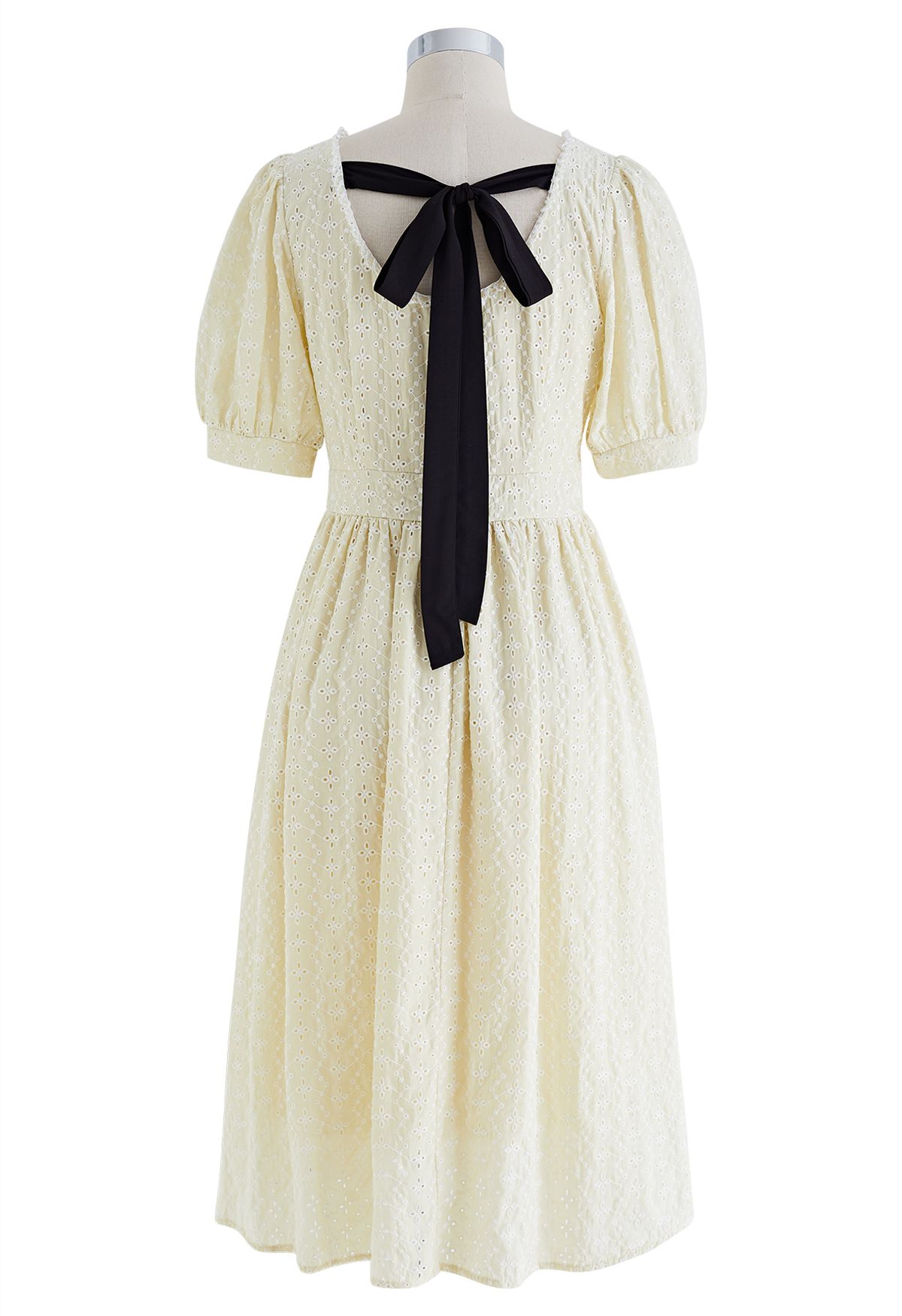 Midi-Kleid mit Blümchen-Öse und Bowknot-Rücken in Hellgelb
