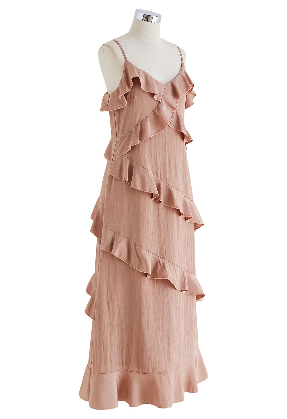 Gestuftes Cami-Kleid mit Rüschen und seitlichem Schlitz in Rosa