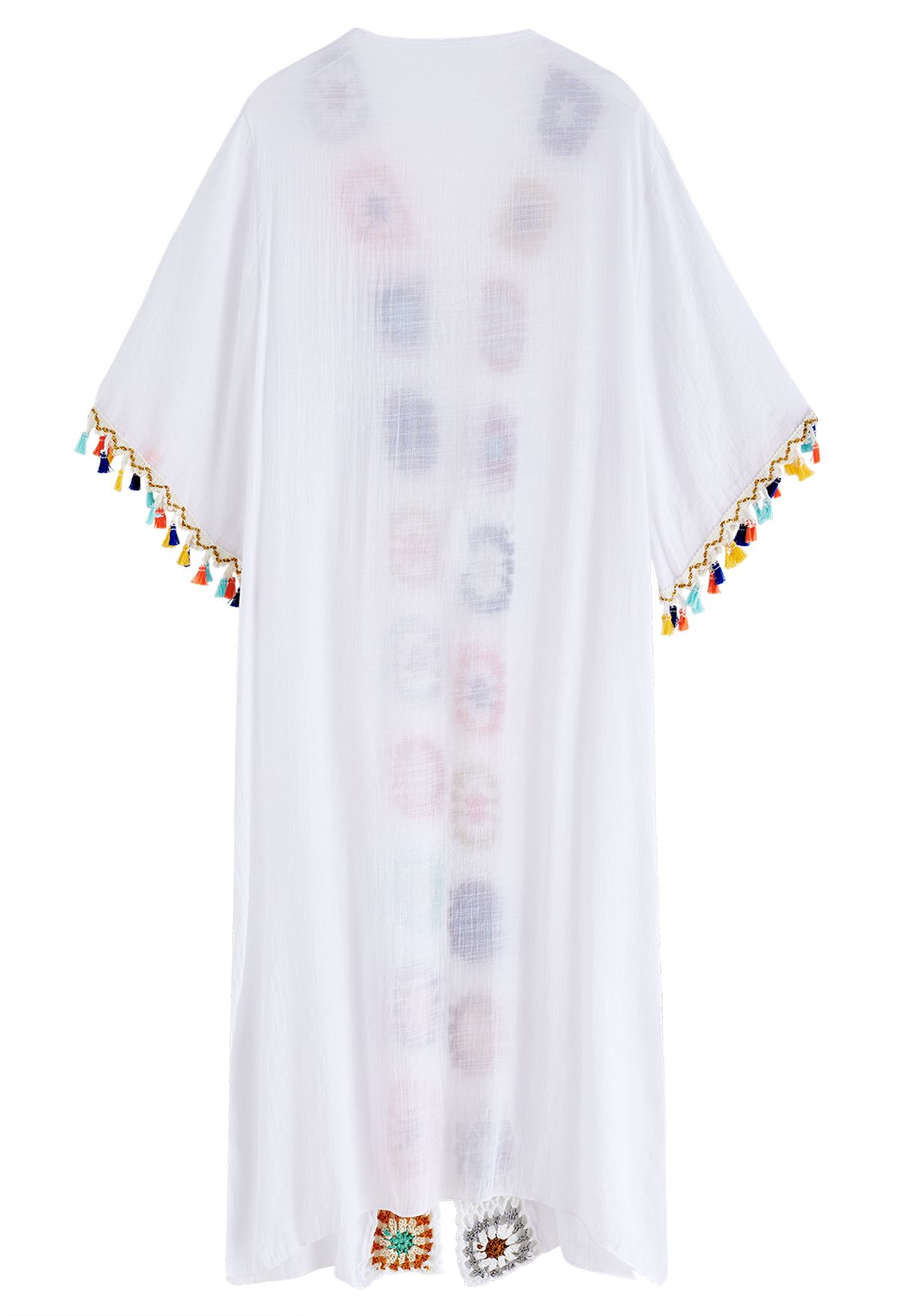 Bunter gehäkelter Quasten-Kimono in Weiß