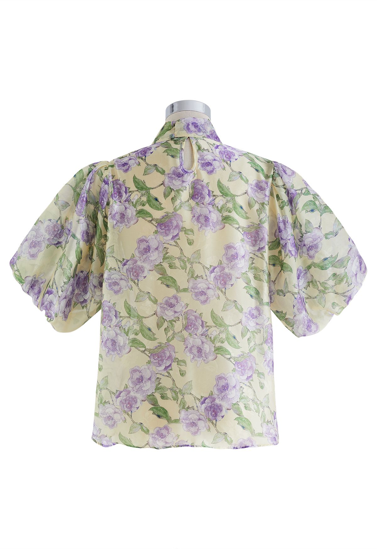 Bowknot Short Bubble Sleeve Floral Top in Grün