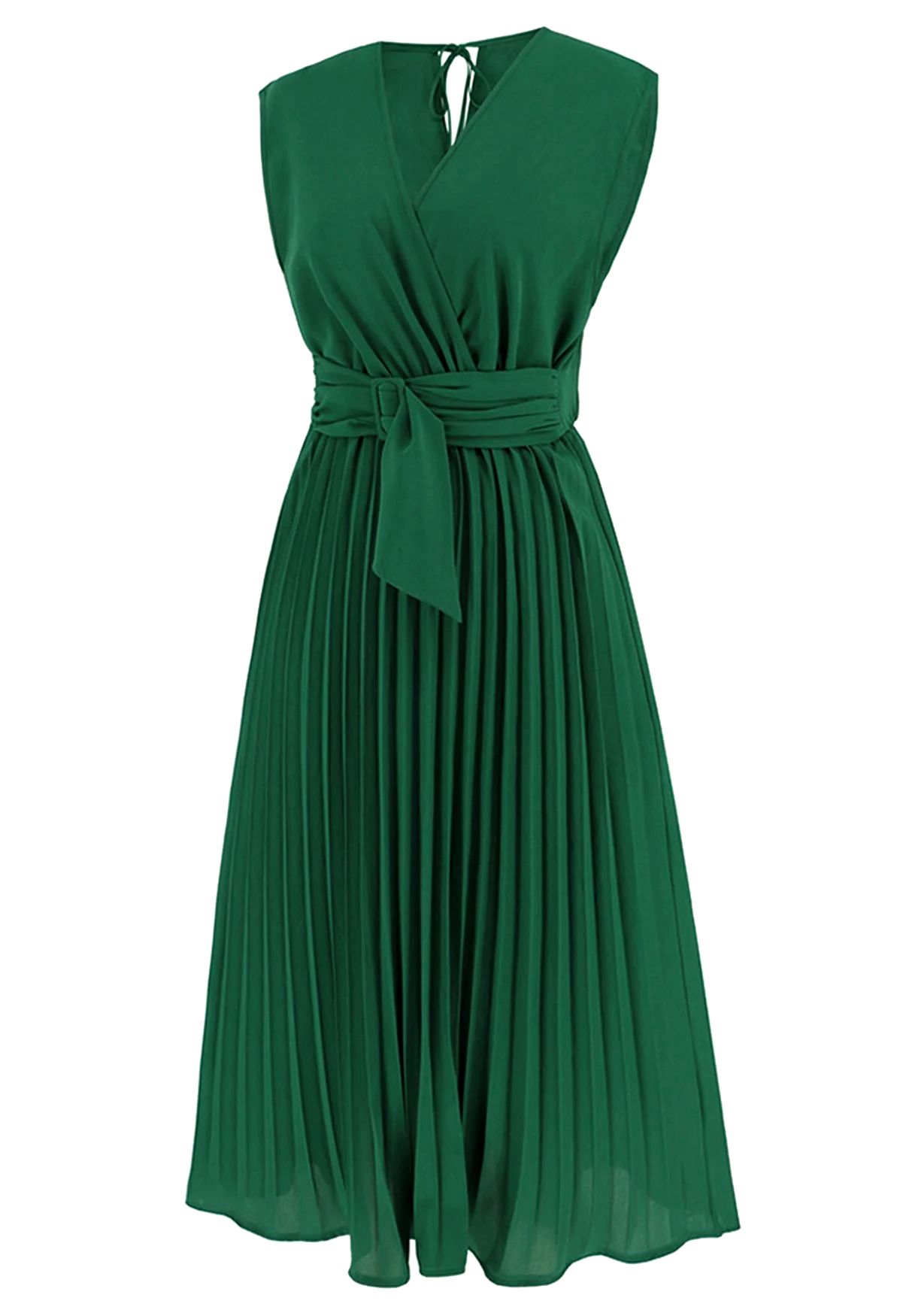 Schärpenverziertes, plissiertes, ärmelloses Wickelkleid in Grün