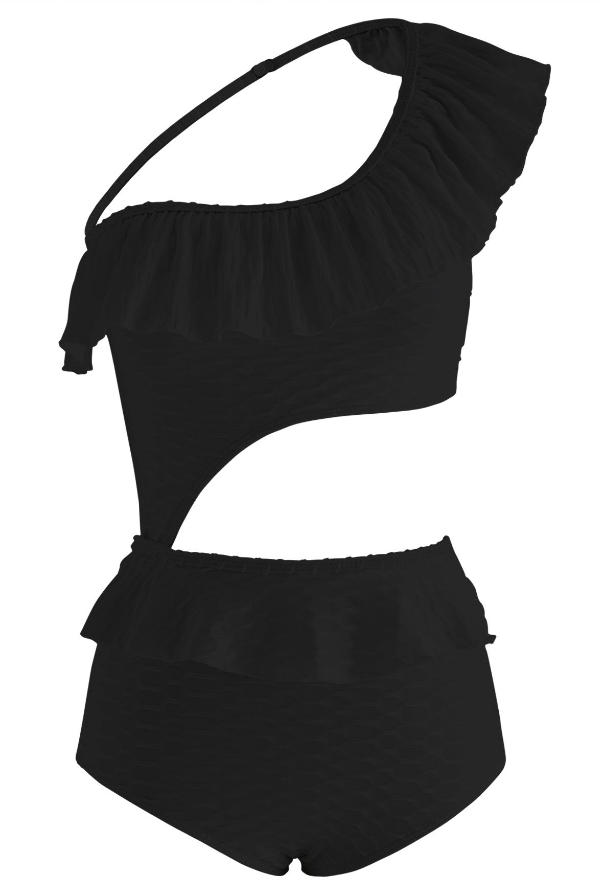 Rüschen-Badeanzug mit One-Shoulder-Ausschnitt in Schwarz