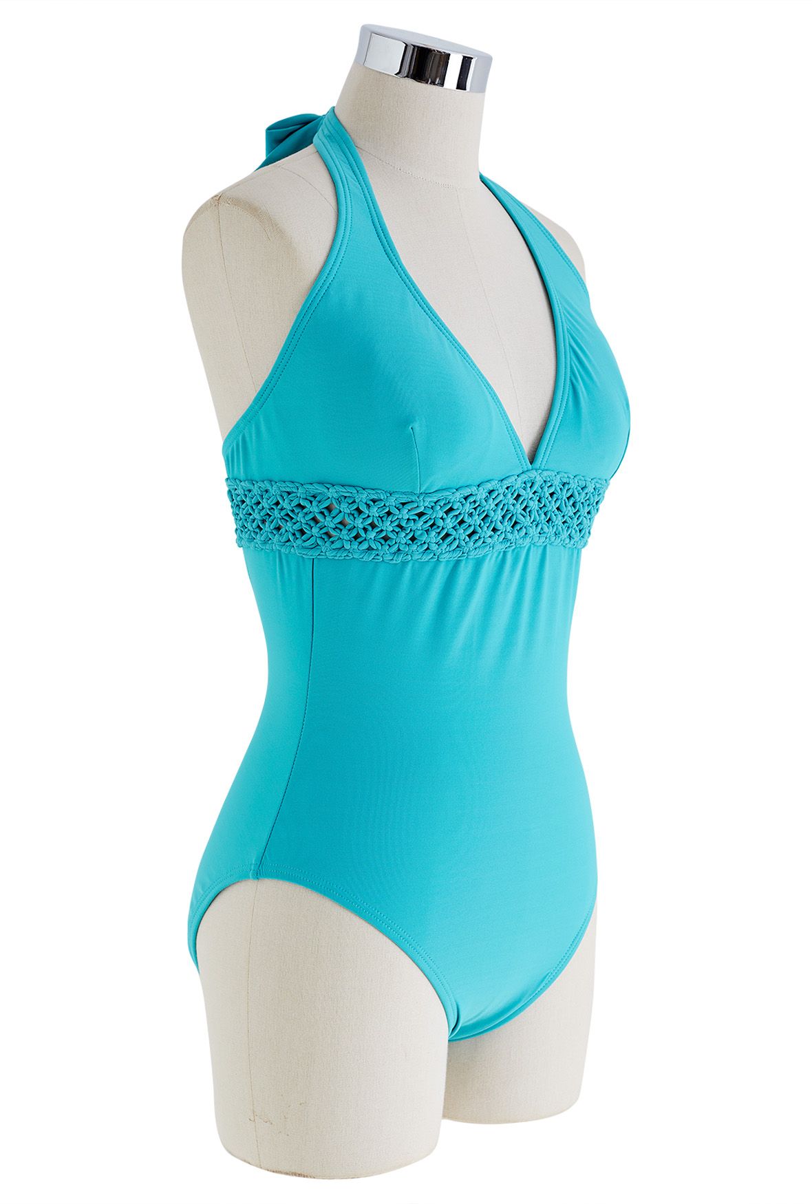 Badeanzug mit tiefem V-Geflecht und ausgehöhlter Taille in Blaugrün