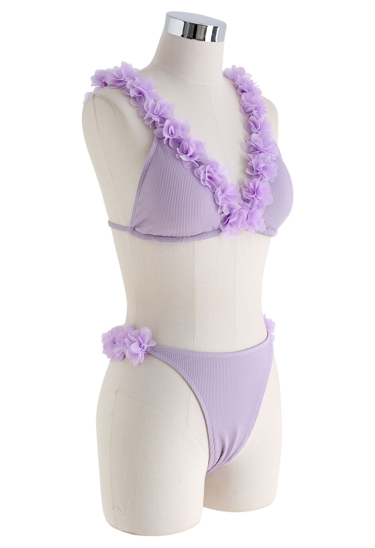 Bikini-Set mit tiefem V-Ausschnitt und Blumenmuster aus 3D-Mesh in Flieder