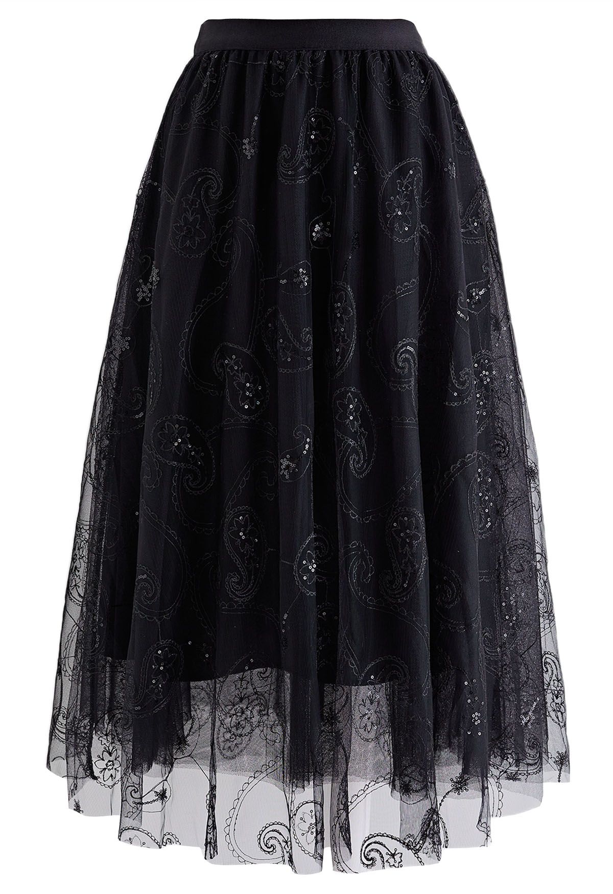 Paillettenbestickter Paisley-Mesh-Midirock in Schwarz