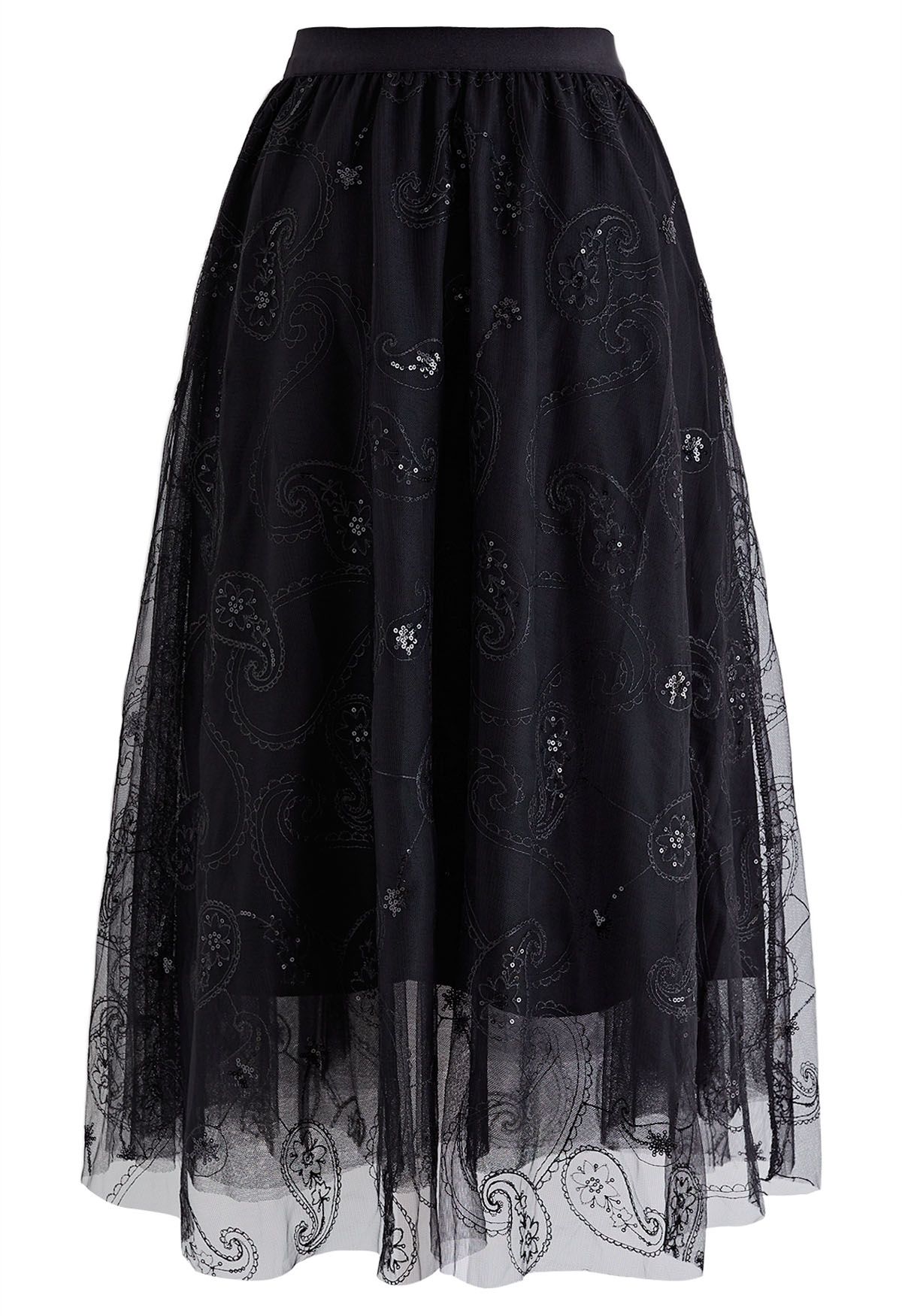 Paillettenbestickter Paisley-Mesh-Midirock in Schwarz