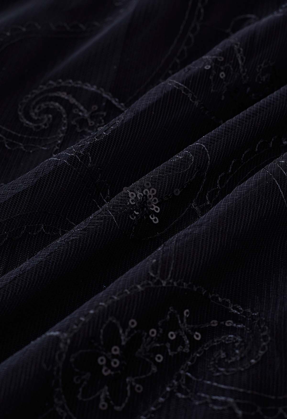 Paillettenbestickter Paisley-Mesh-Midirock in Schwarz