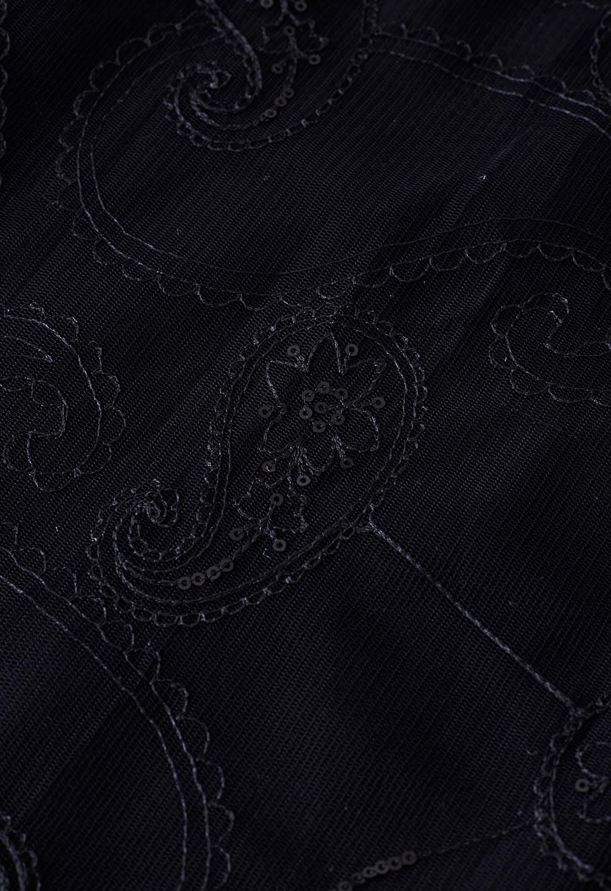 Paillettenbestickter Paisley-Mesh-Midirock in Schwarz