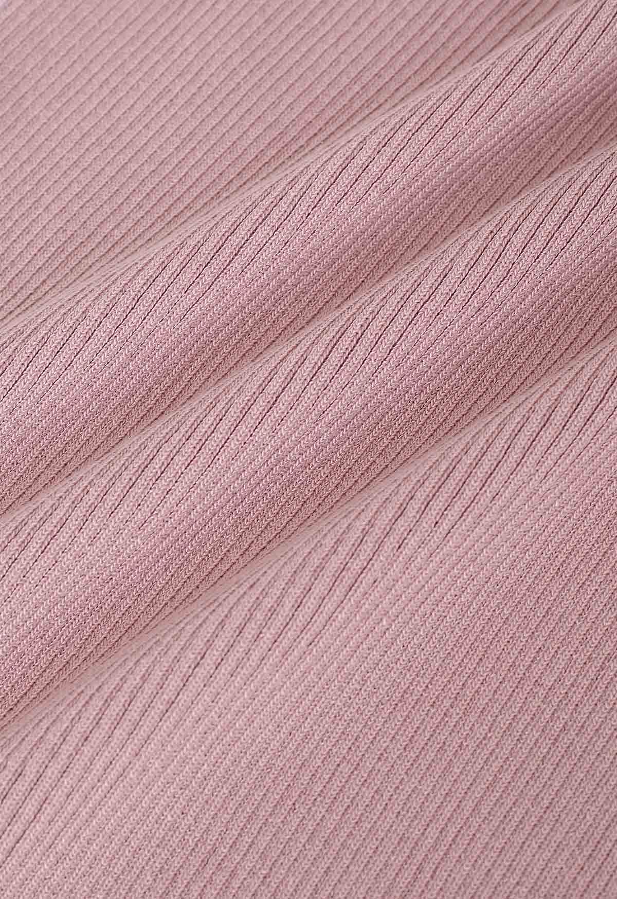 Gefaltetes, schulterfreies Kurzarm-Strickoberteil in Pink