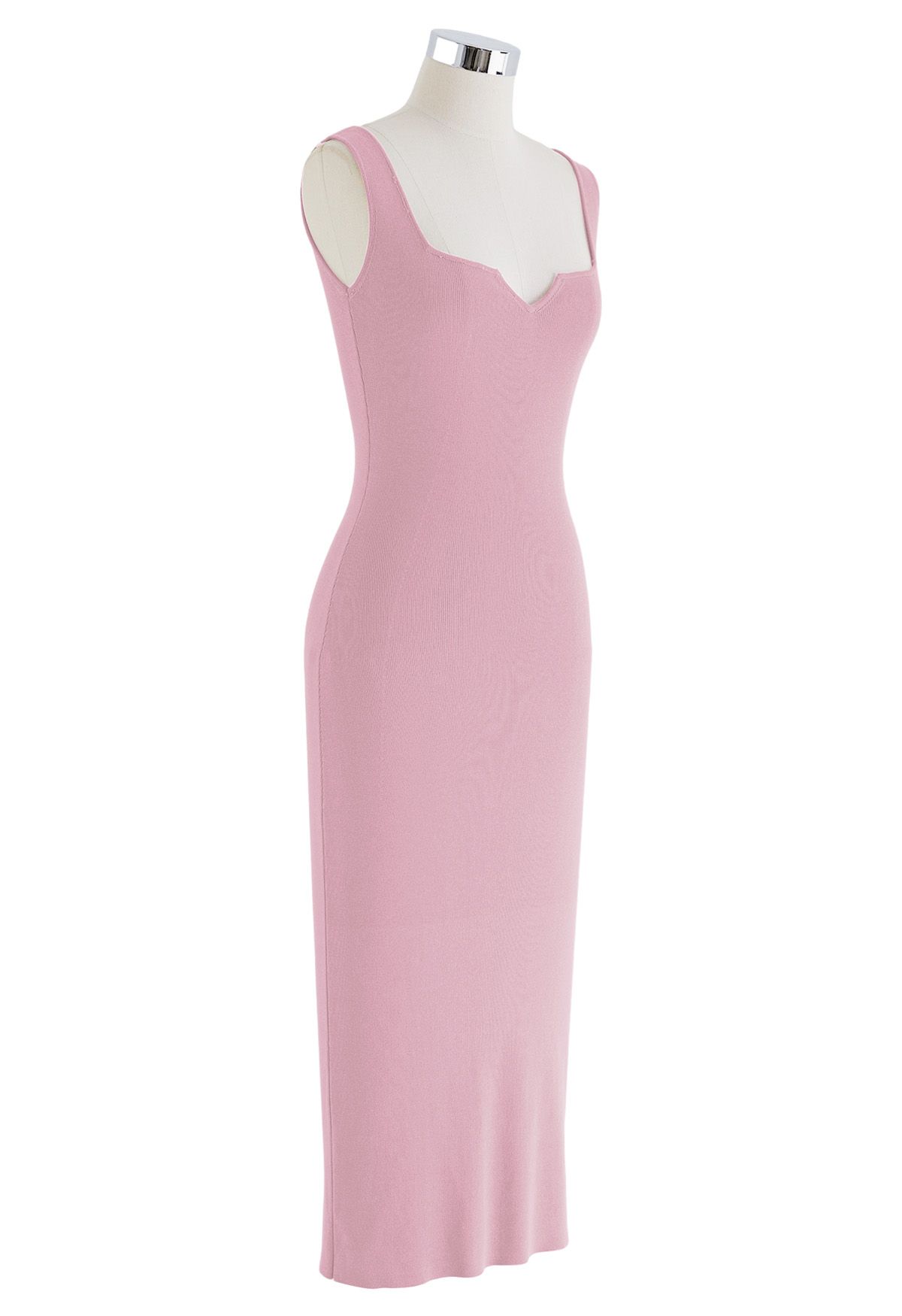 Figurbetontes Strickkleid mit eingekerbtem Ausschnitt in Rosa