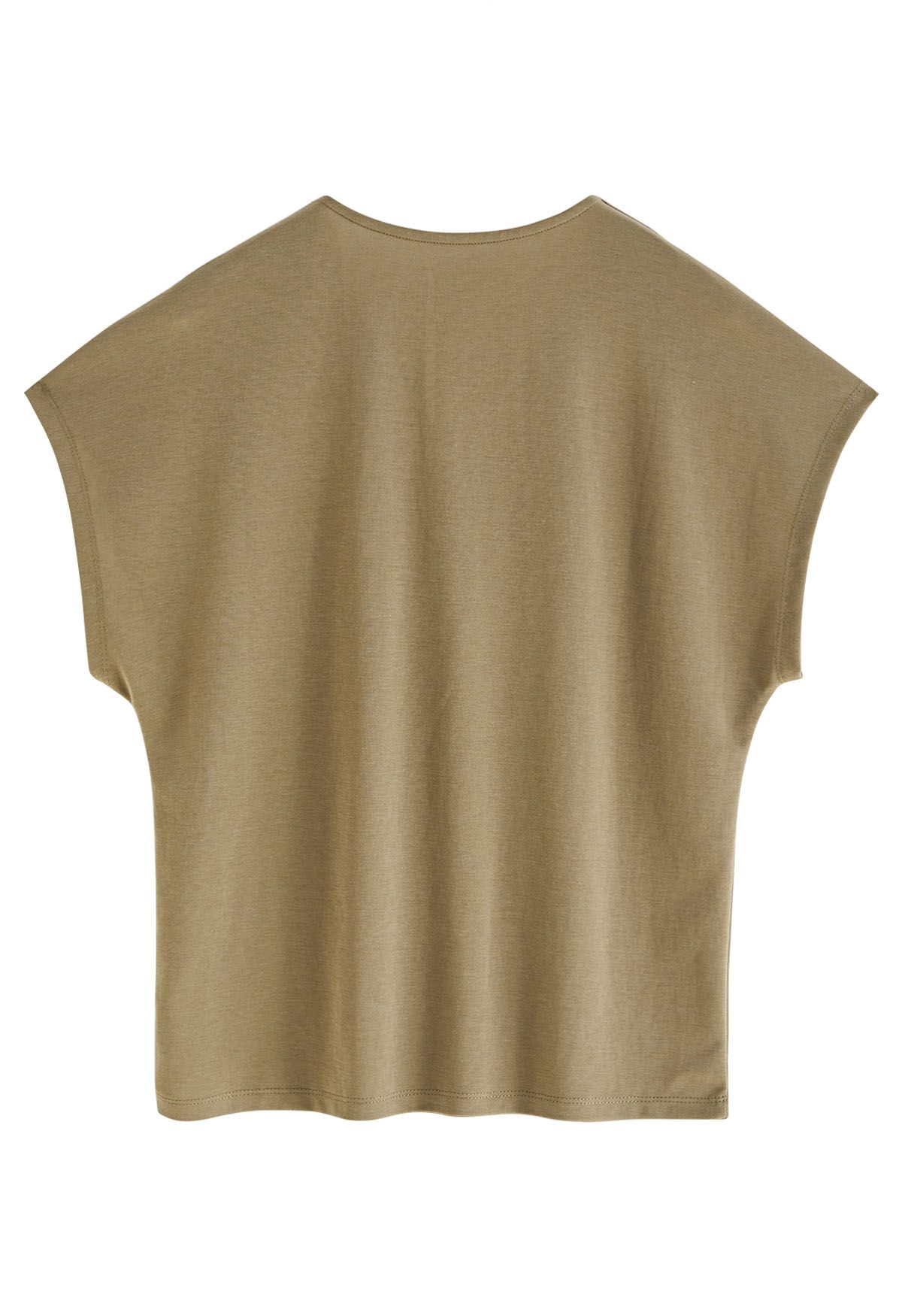 Baumwoll-T-Shirt mit V-Ausschnitt in Khaki