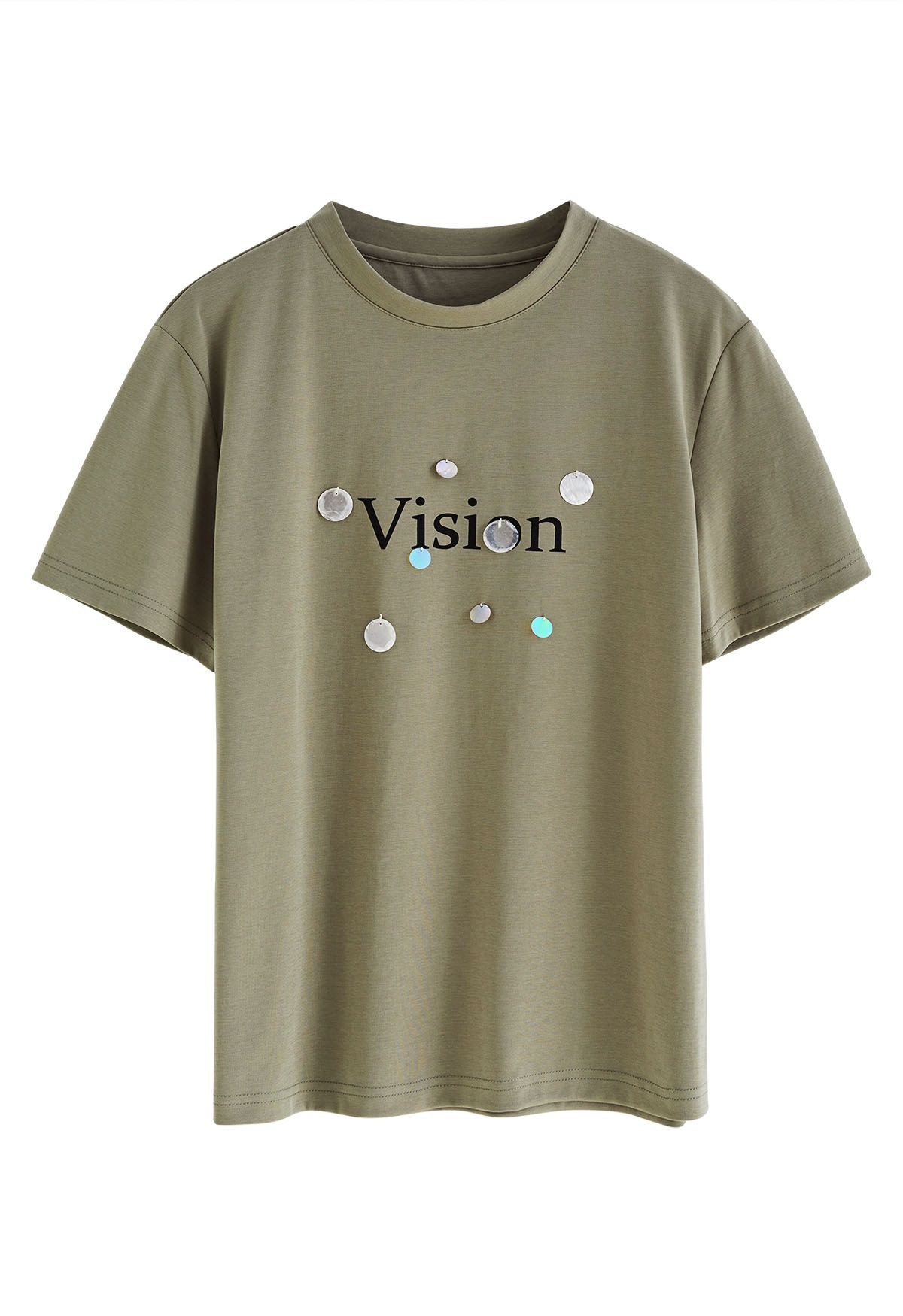 Vision Print T-Shirt mit Pailletten und Rundhalsausschnitt in Salbei
