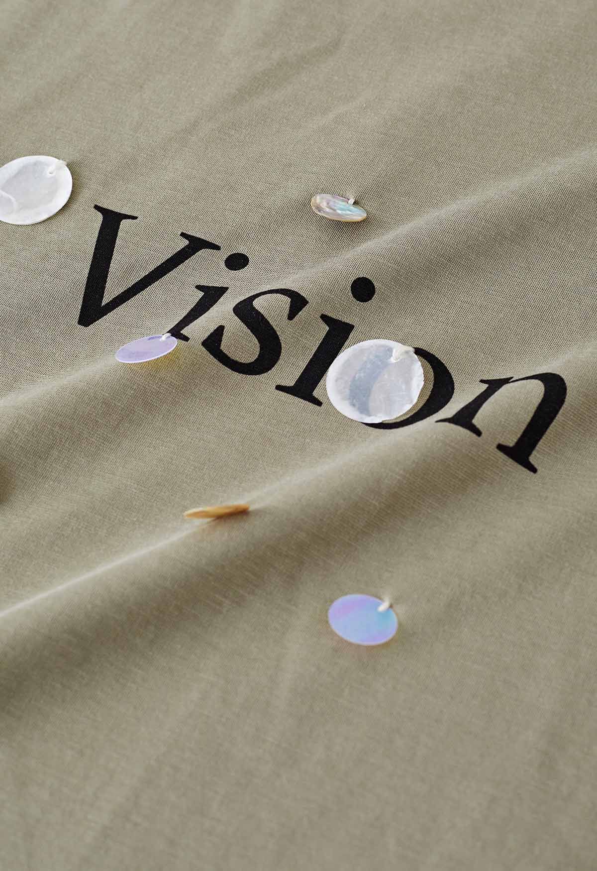 Vision Print T-Shirt mit Pailletten und Rundhalsausschnitt in Salbei
