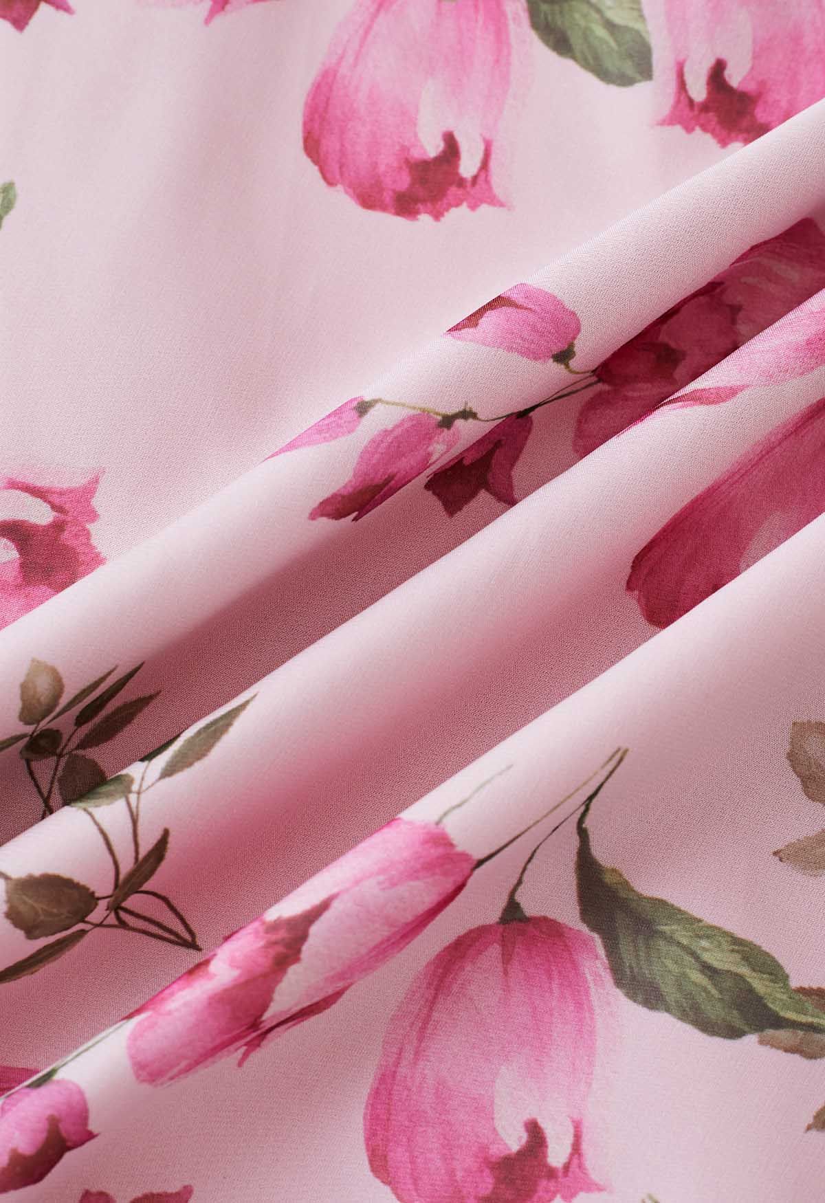Rosafarbener Chiffon-Maxirock mit Blütenknospen-Print