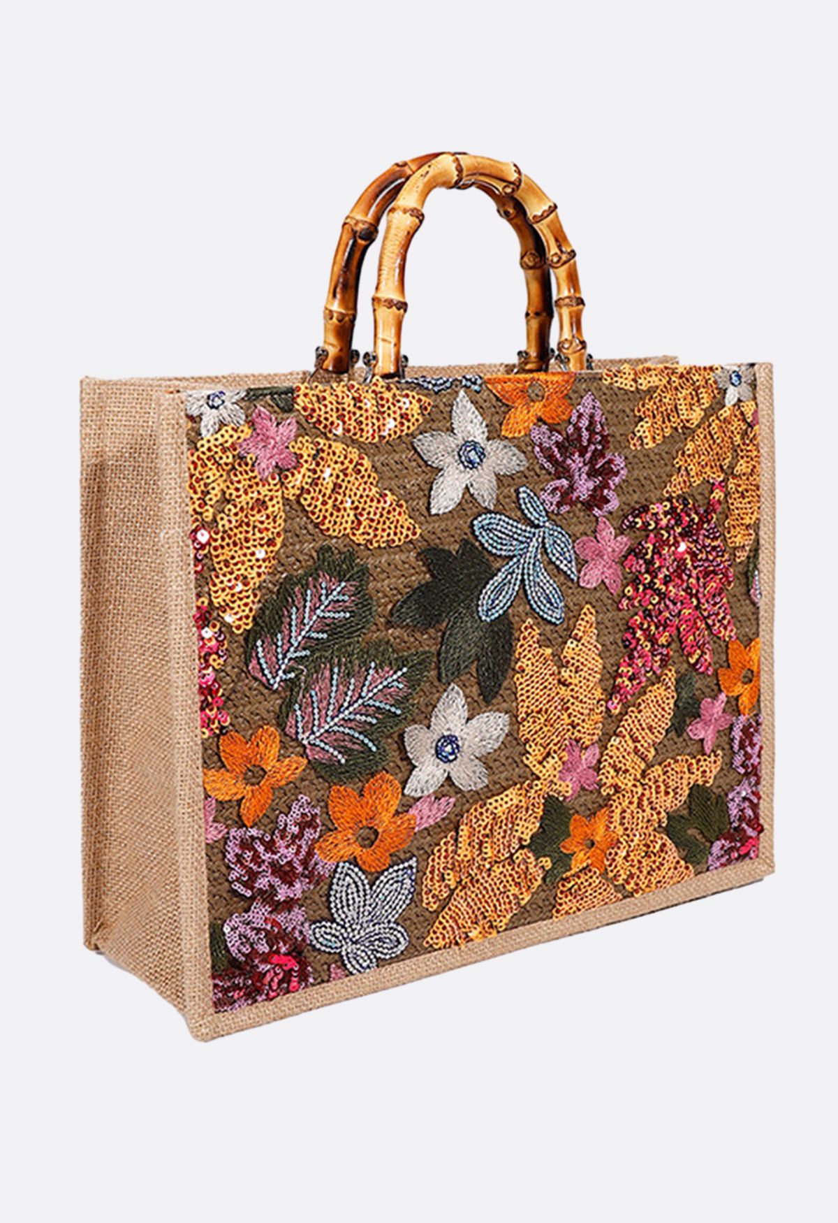 Mit Pailletten und Blumen bestickte Einkaufstasche mit Bambusgriff in Orange