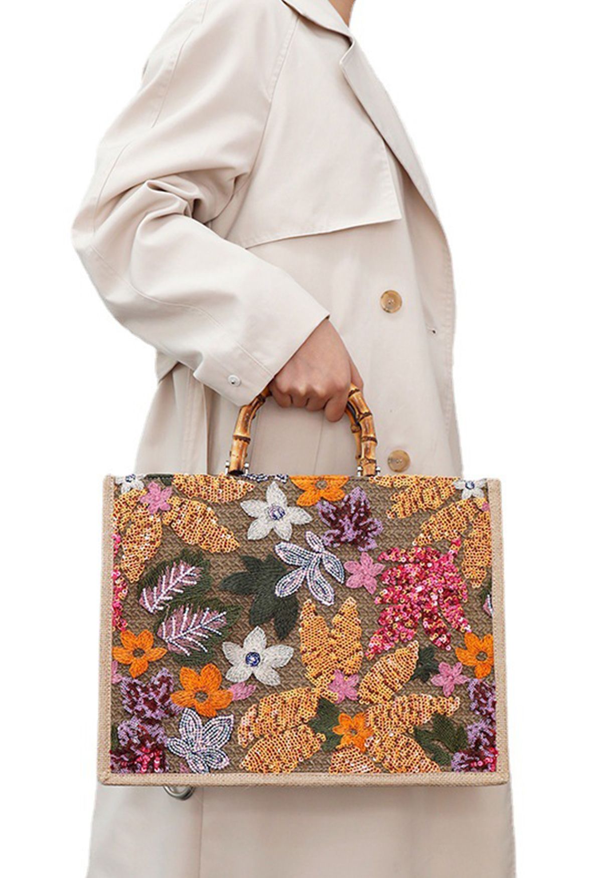 Mit Pailletten und Blumen bestickte Einkaufstasche mit Bambusgriff in Orange