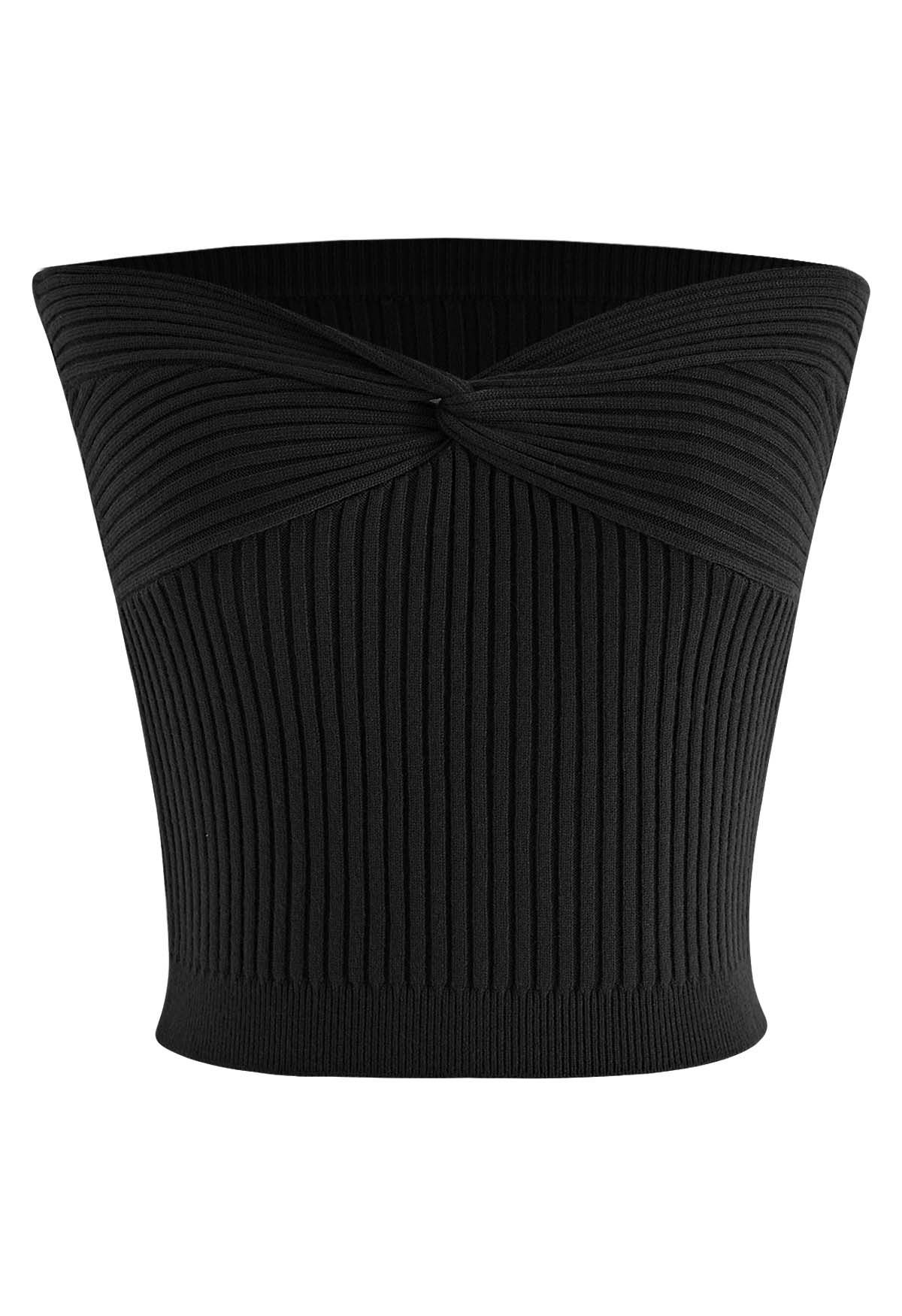 Geripptes Schlauch-Crop-Top mit gedrehter Vorderseite in Schwarz