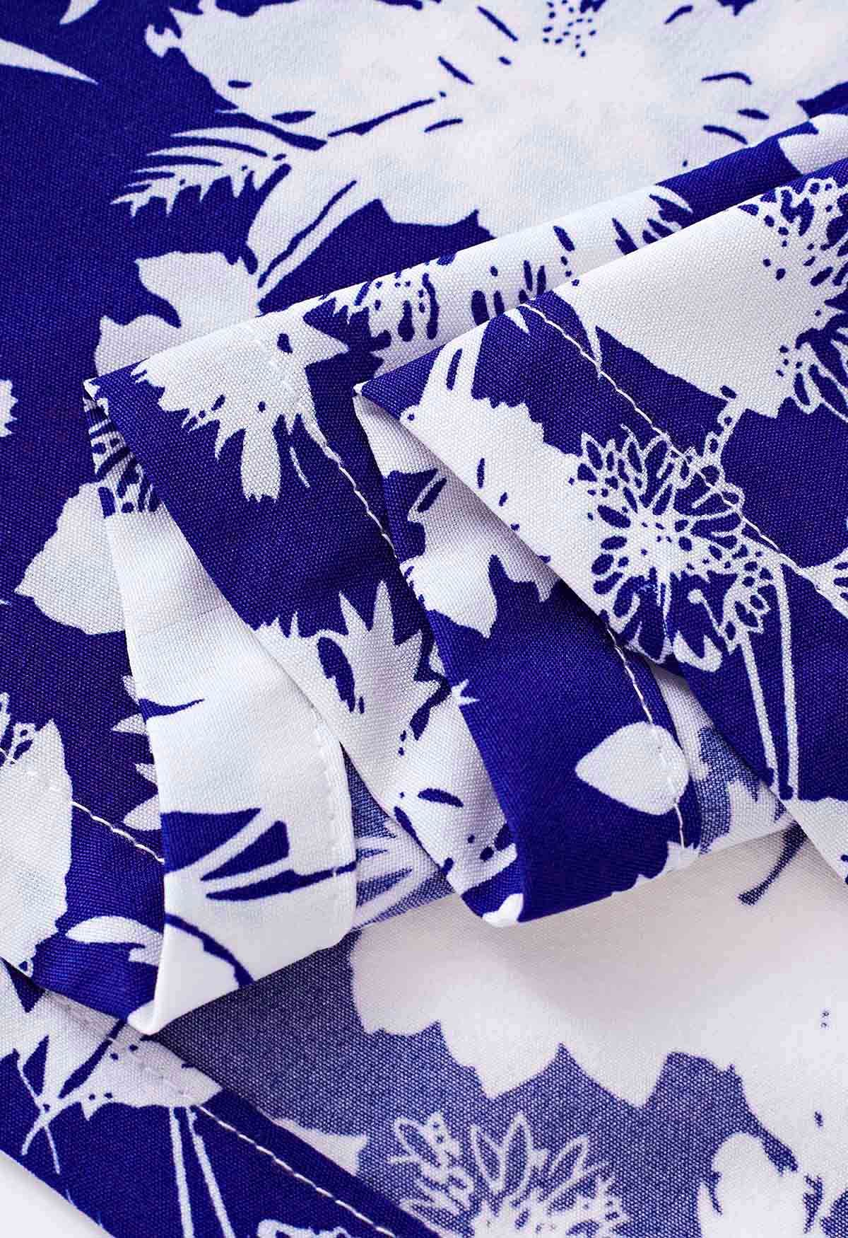 Neckholder-Maxikleid mit Taillenschnürung und Indigo-Blumenmuster