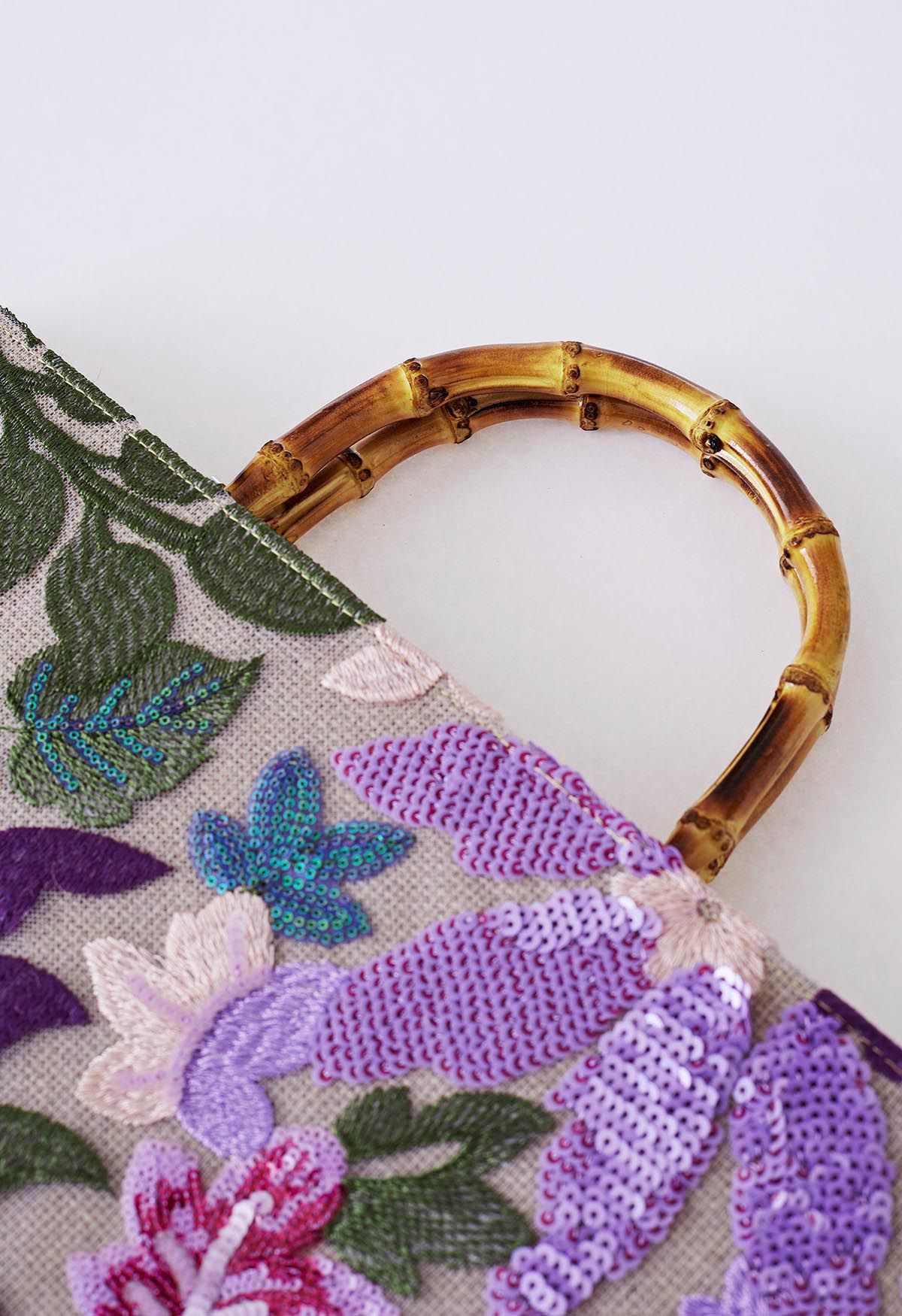 Einkaufstasche mit Bambusgriff und Pailletten-Blumenstickerei in Violett