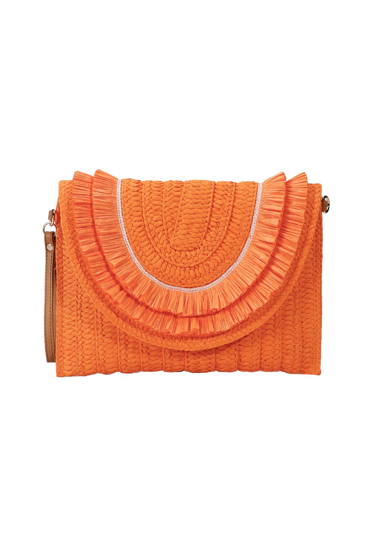 Einfarbige Umschlagtasche aus Raffiabast in Orange
