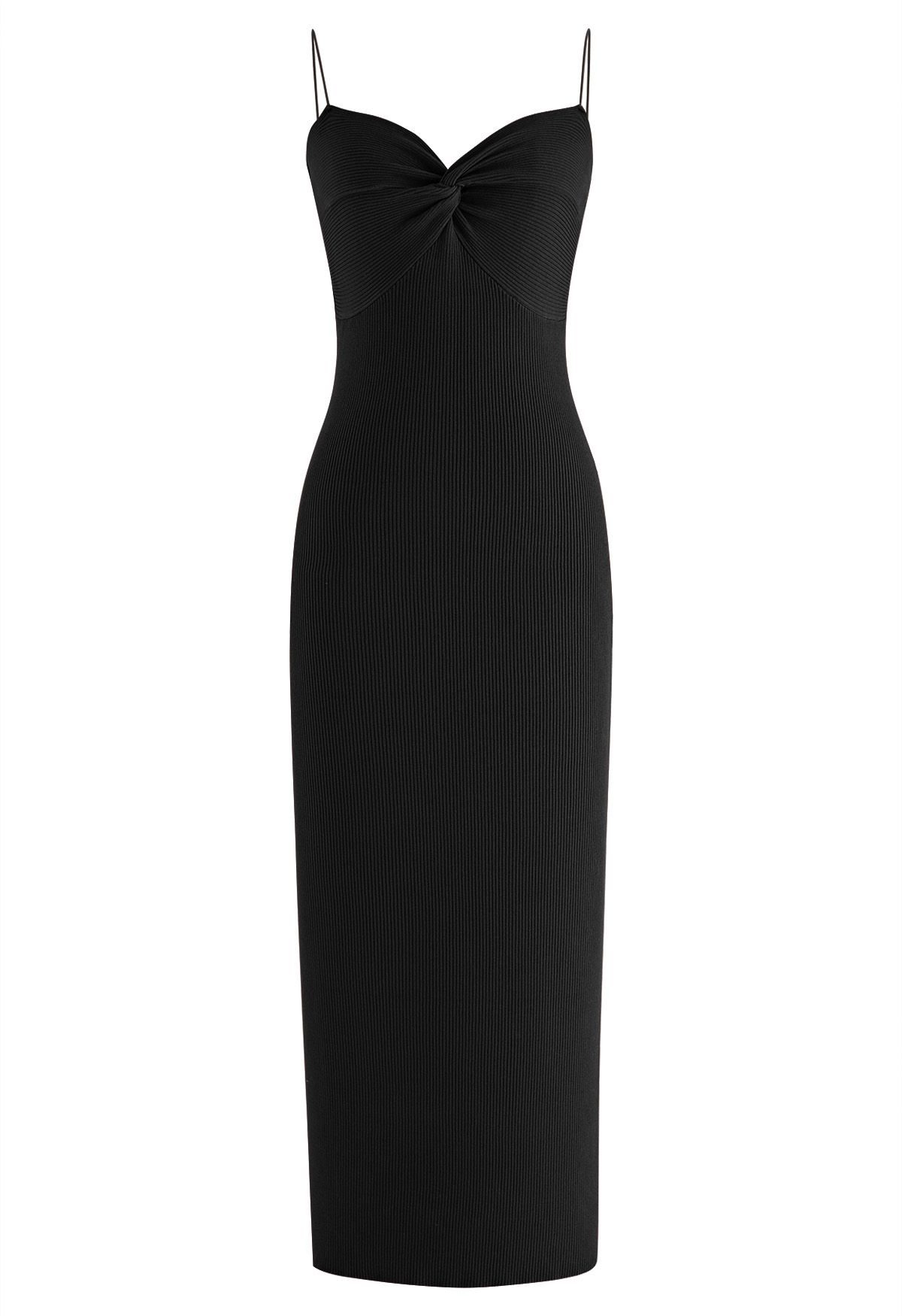 Figurbetontes Cami-Kleid aus Strick mit verdrehter Vorderseite in Schwarz