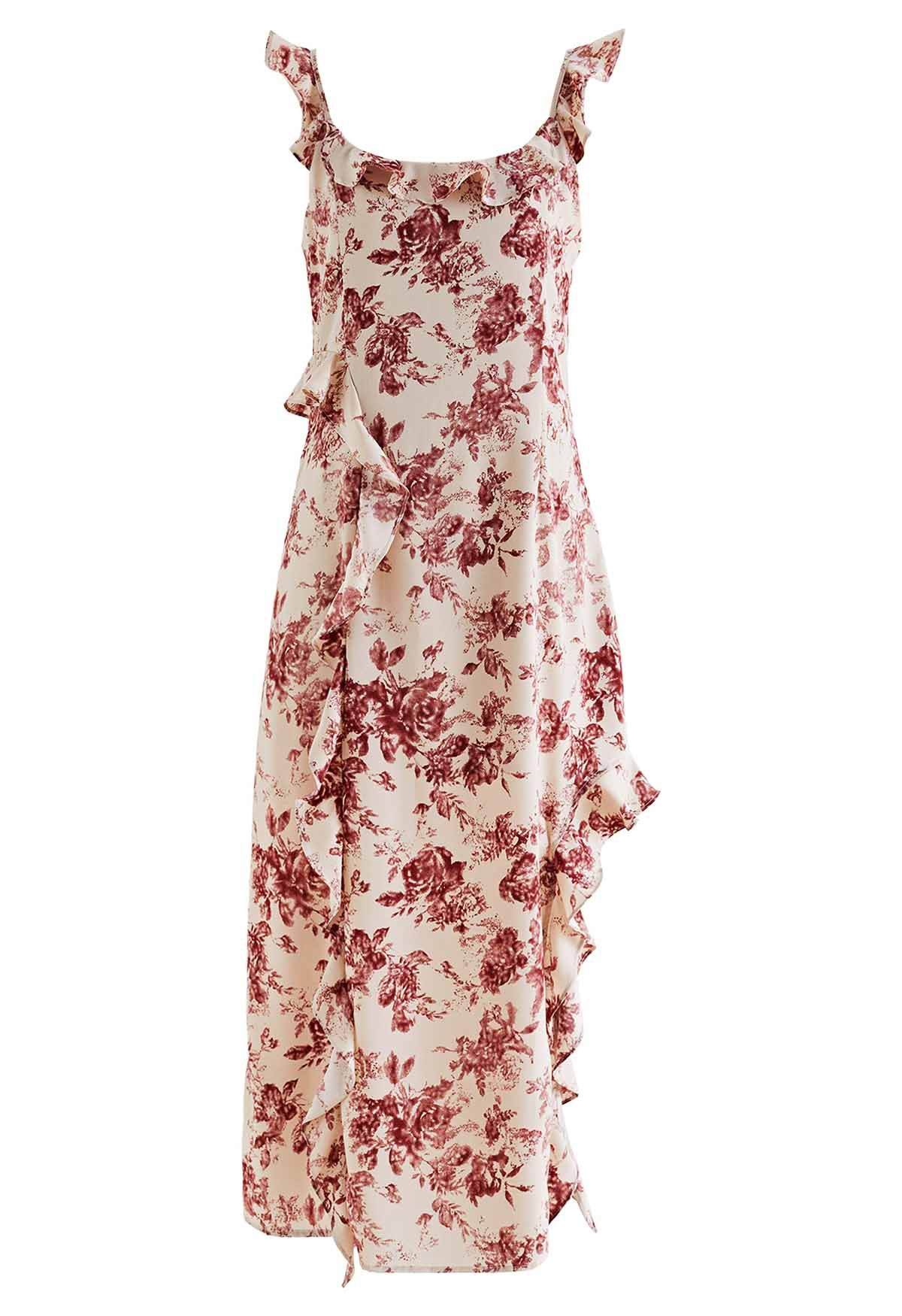 Rostfarbenes, gerüschtes, seitlich geschlitztes Cami-Kleid mit Blumenmuster