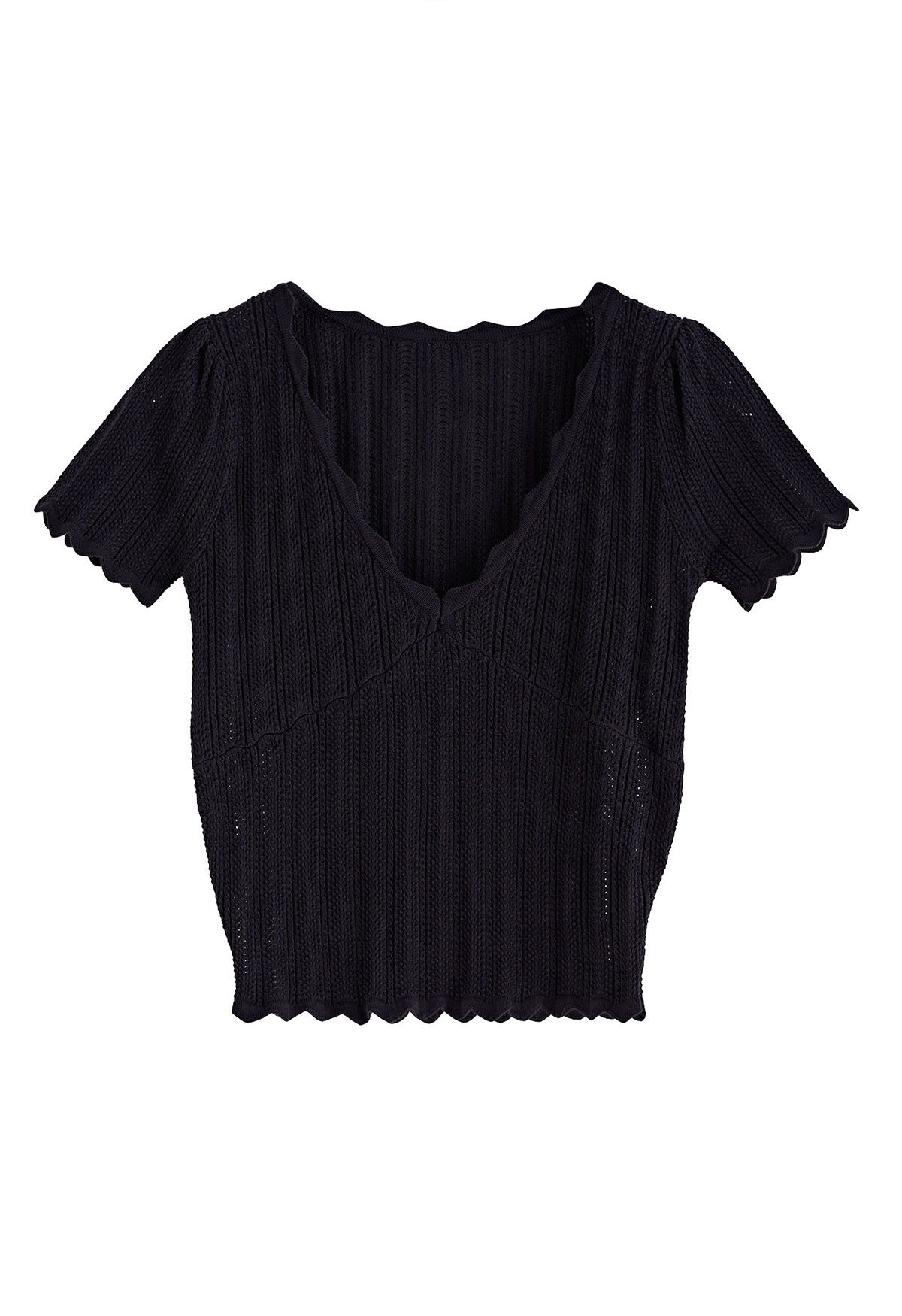 Kurzärmliges Pointelle-Crop-Top mit Muschelsaum in Schwarz