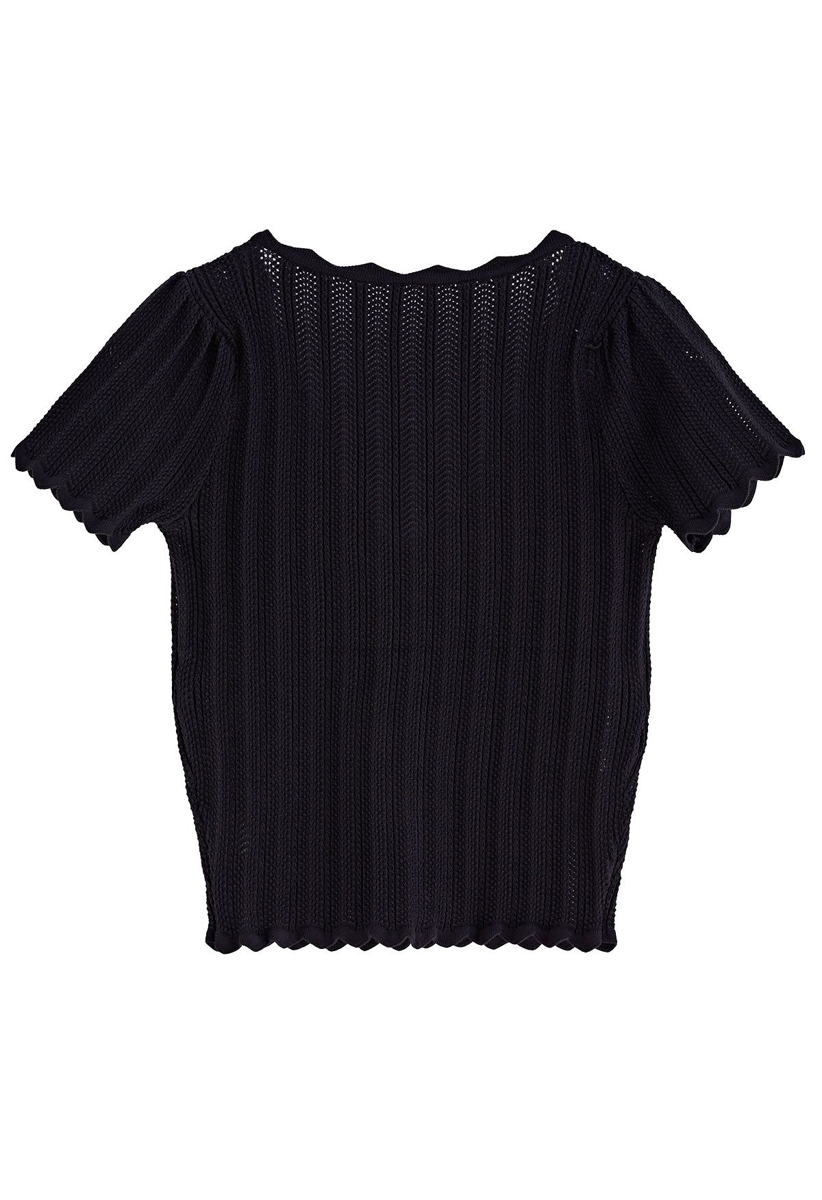 Kurzärmliges Pointelle-Crop-Top mit Muschelsaum in Schwarz