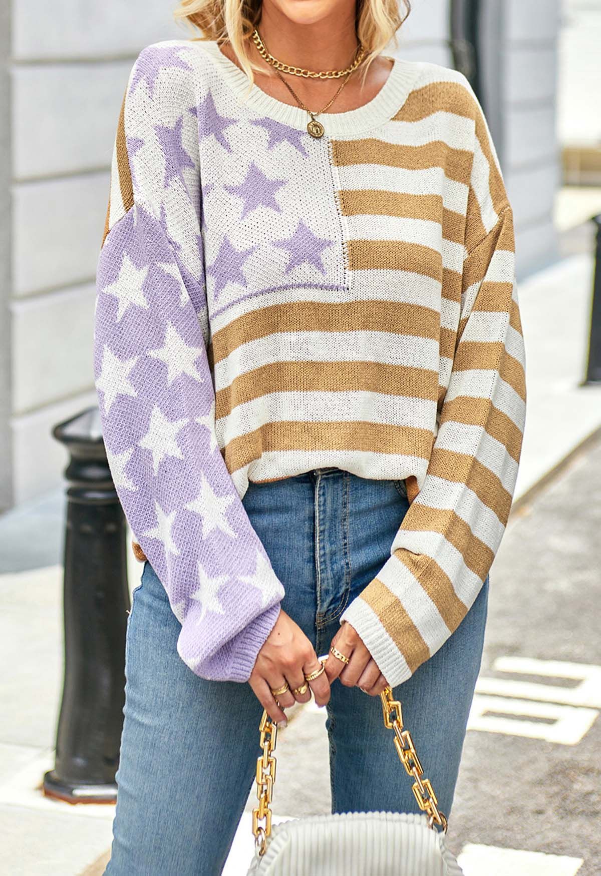 Bedruckter Strickpullover „The Stars and The Stripes“ in Hellbraun