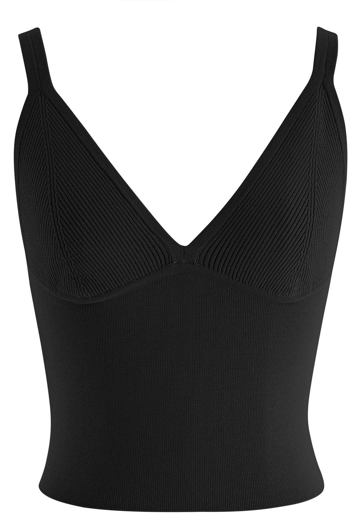 Geripptes Cami-Crop-Top mit V-Ausschnitt in Schwarz