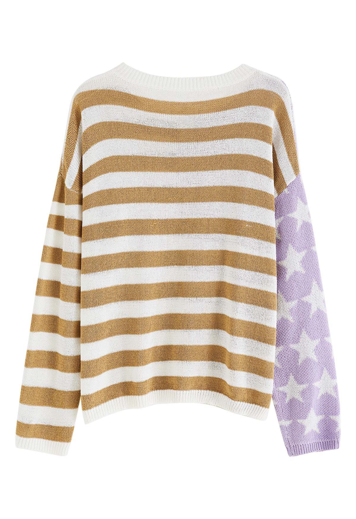 Bedruckter Strickpullover „The Stars and The Stripes“ in Hellbraun